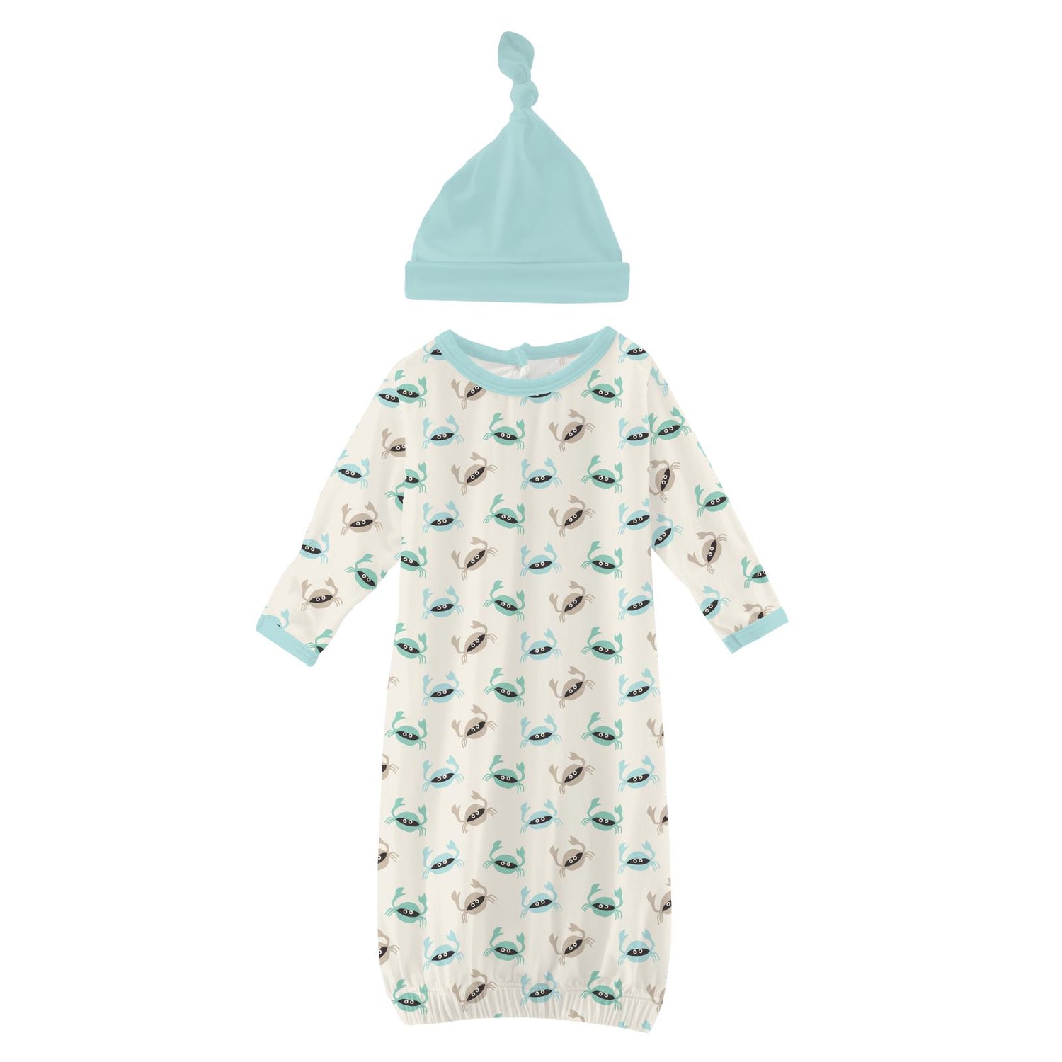 Print Layette Gown & Single Knot Hat Set in Natural Crabs