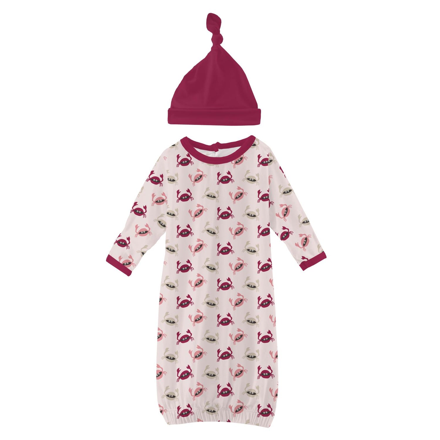 Print Layette Gown & Single Knot Hat Set in Macaroon Crabs