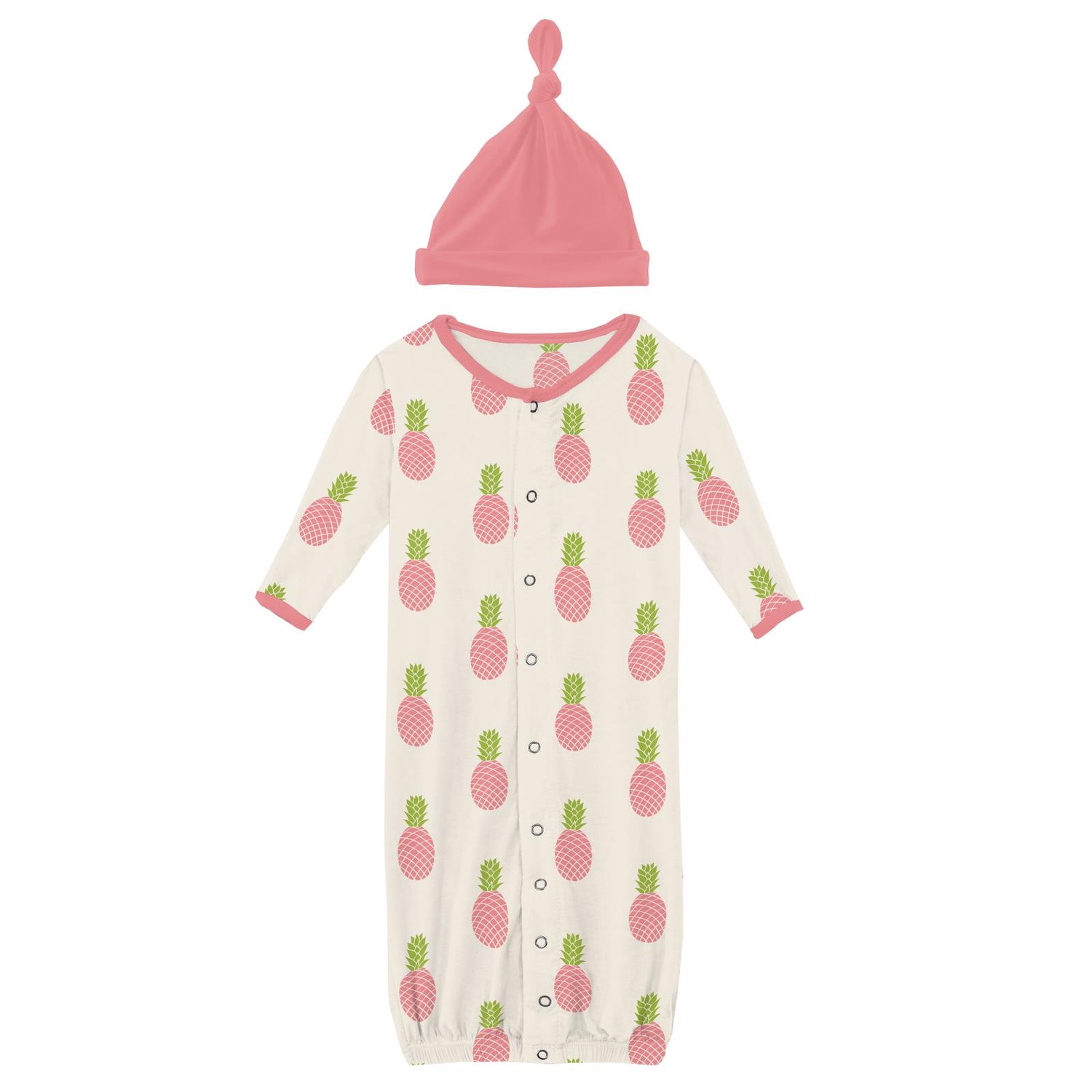 Print Layette Gown Converter & Single Knot Hat Set in Strawberry Pineapples