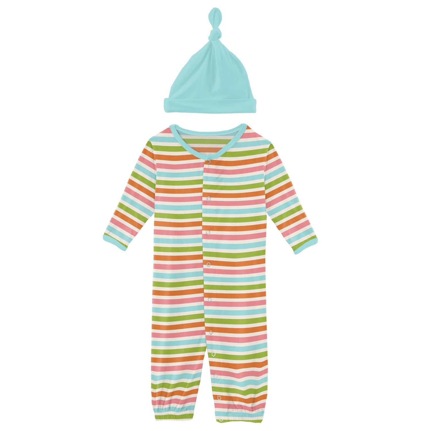 Print Layette Gown Converter & Single Knot Hat Set in Beach Day Stripe