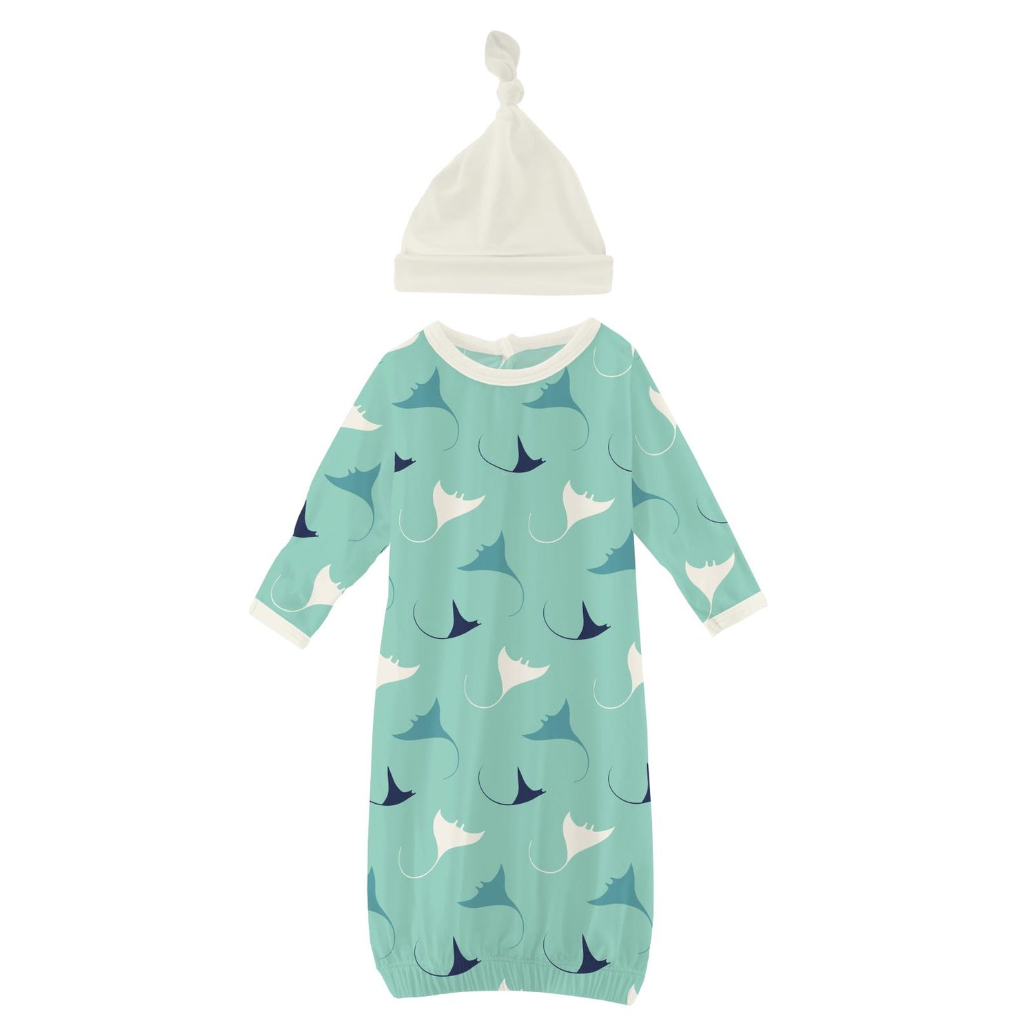 Print Layette Gown & Single Knot Hat Set in Glass Manta Ray