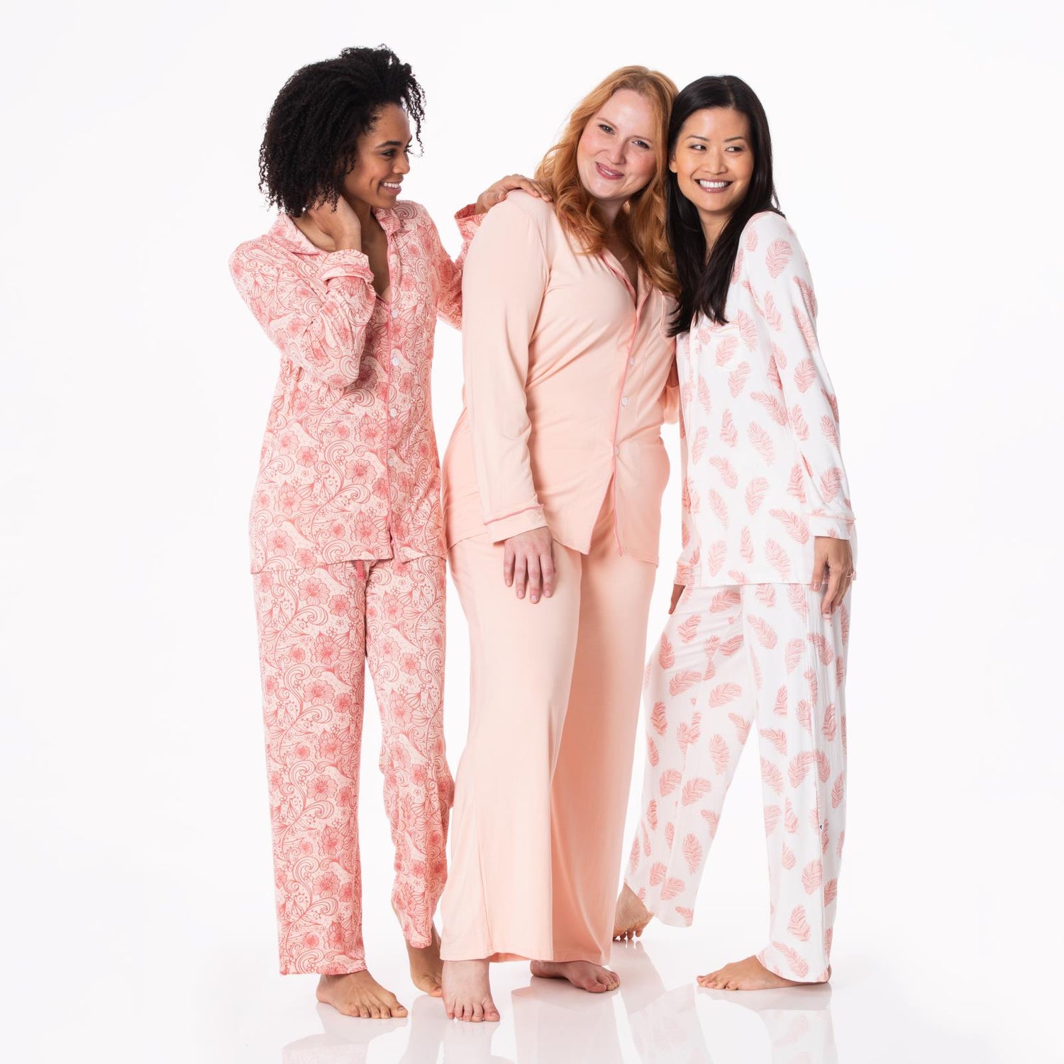 Women's Print Long Sleeve Collared Pajama Set in Peach Blossom Lace