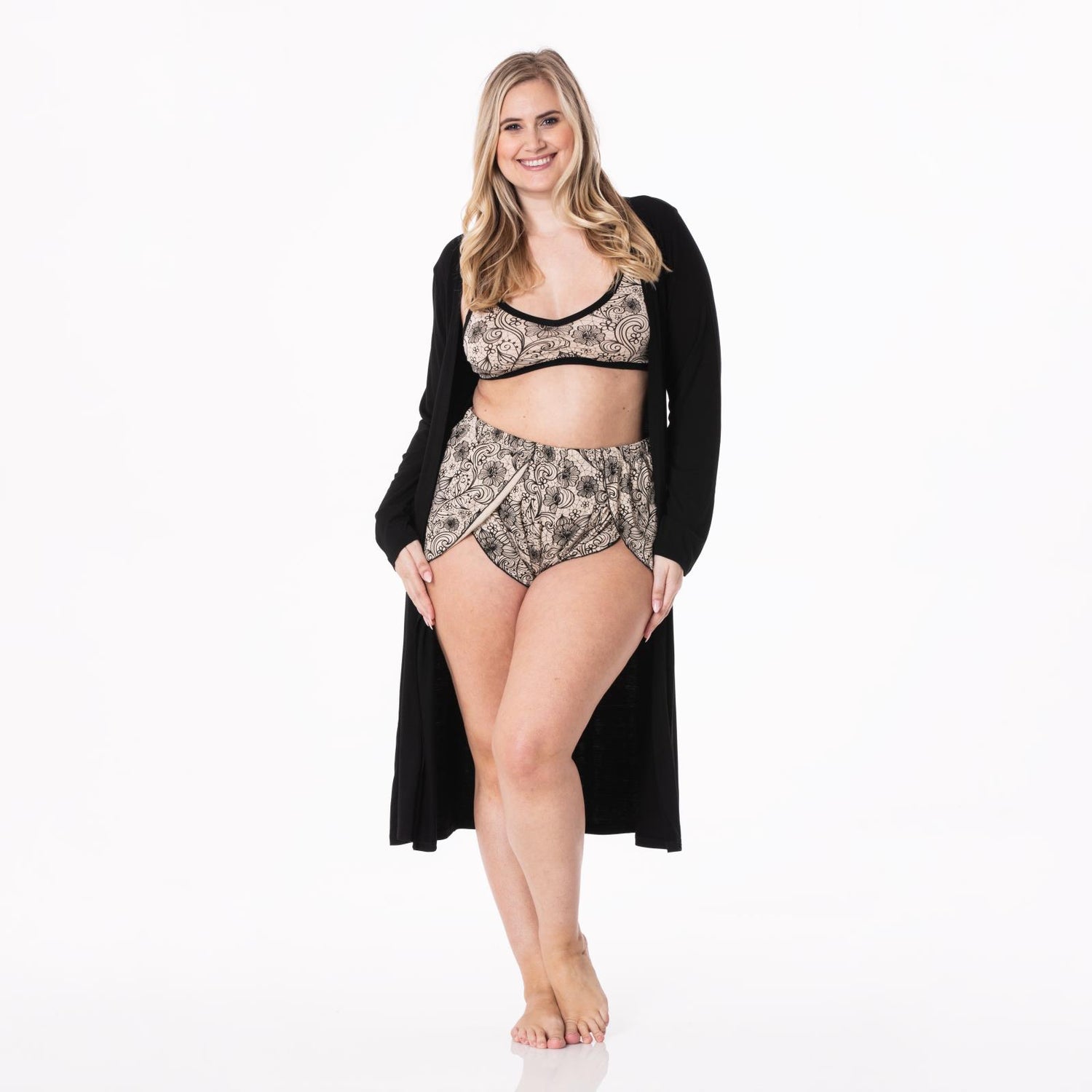 Women's Print Sleeping Bra, Tulip Shorts and Duster Robe Set in Burlap Lace