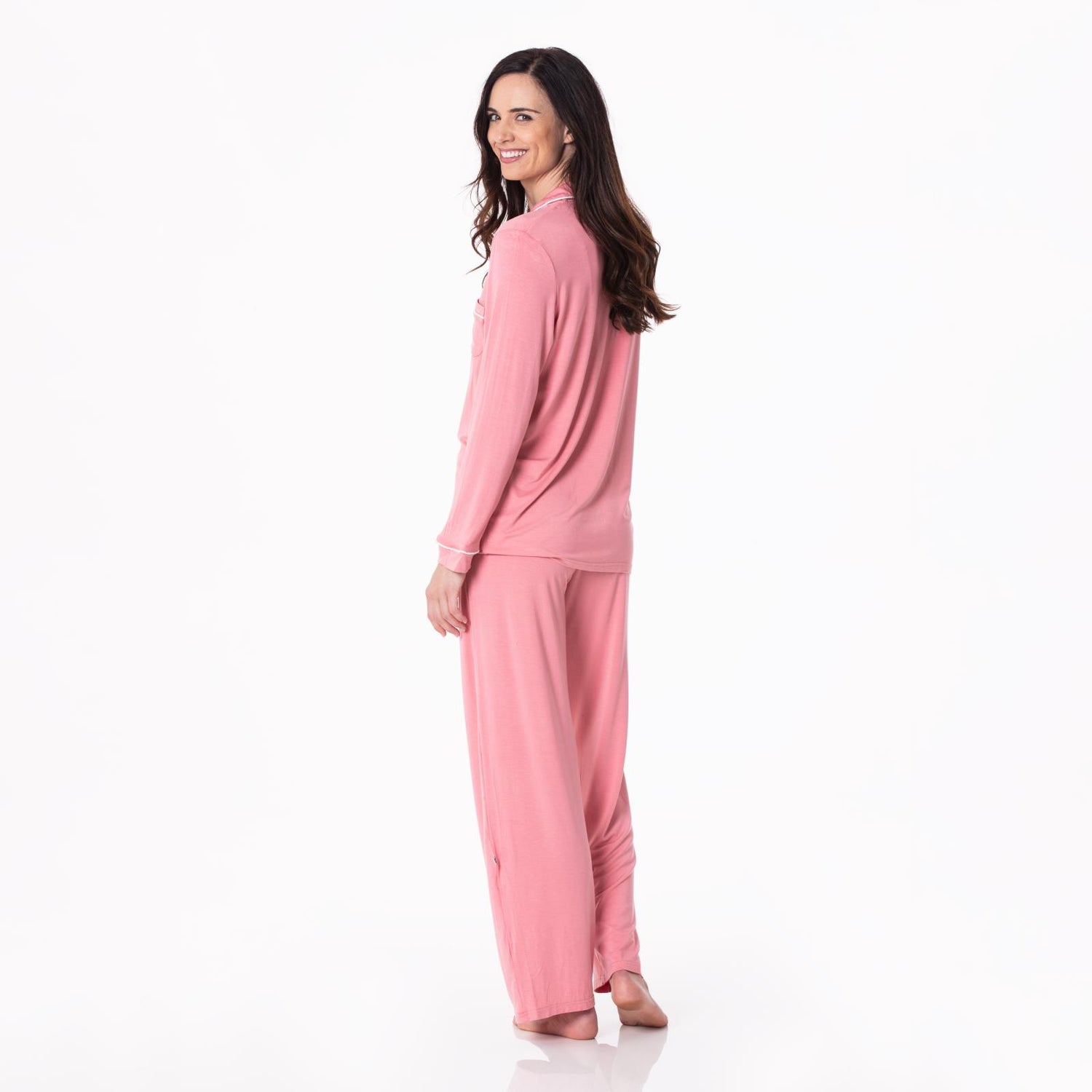 Women's Long Sleeved Collared Pajama Set in Desert Rose with Natural