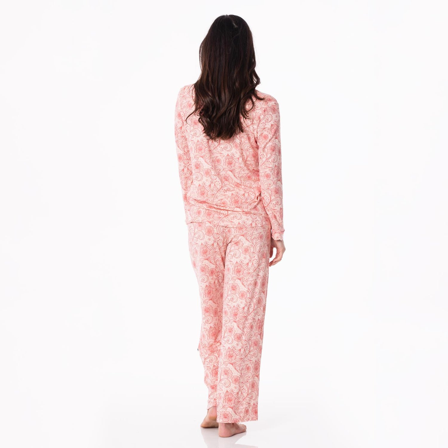 Women's Print Long Sleeve Collared Pajama Set in Peach Blossom Lace