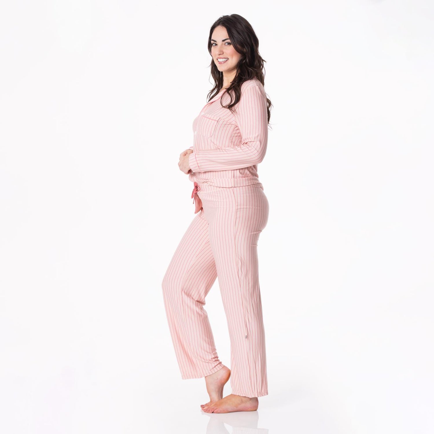 Women's Print Long Sleeve Collared Pajama Set in Pinstripe