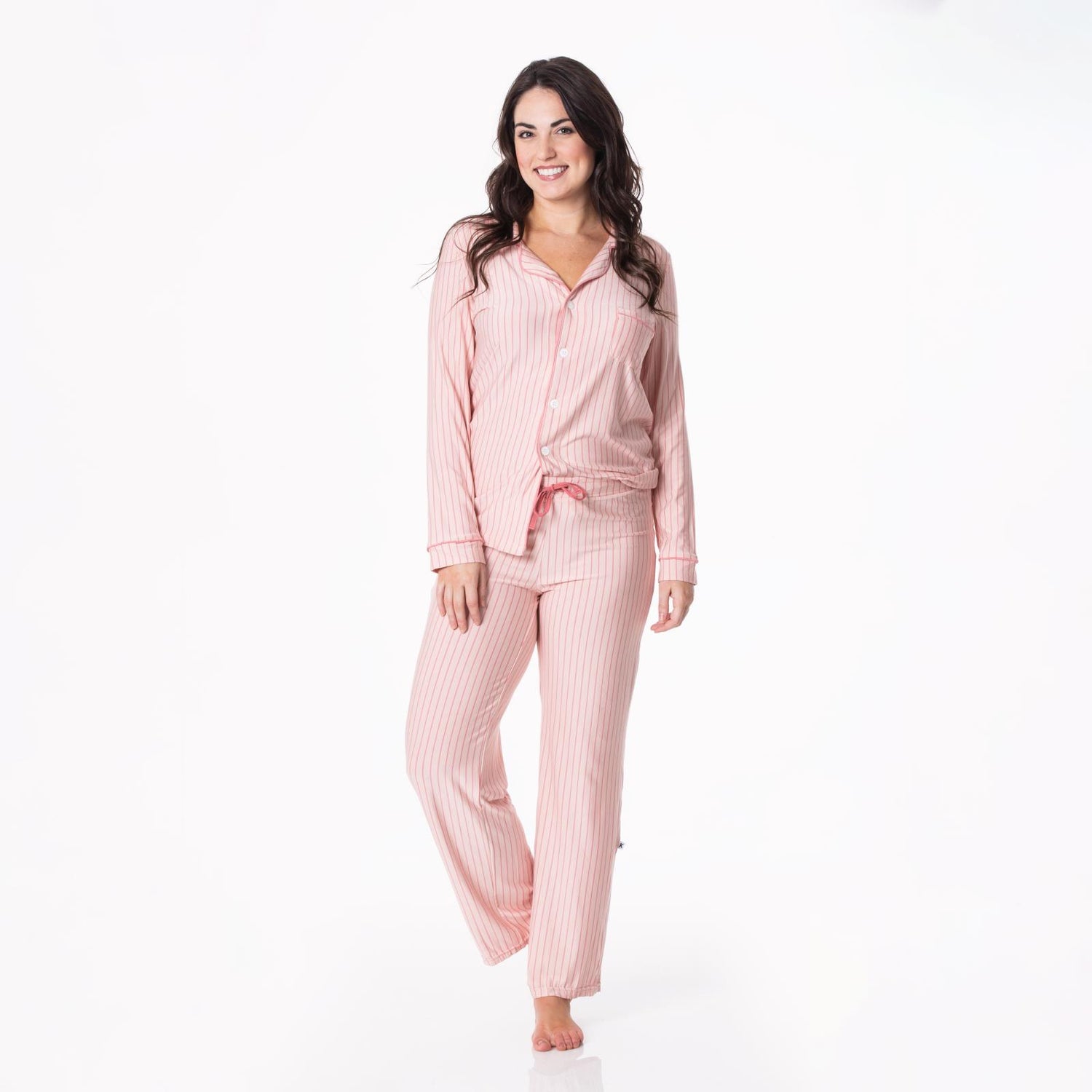 Women's Print Long Sleeve Collared Pajama Set in Pinstripe
