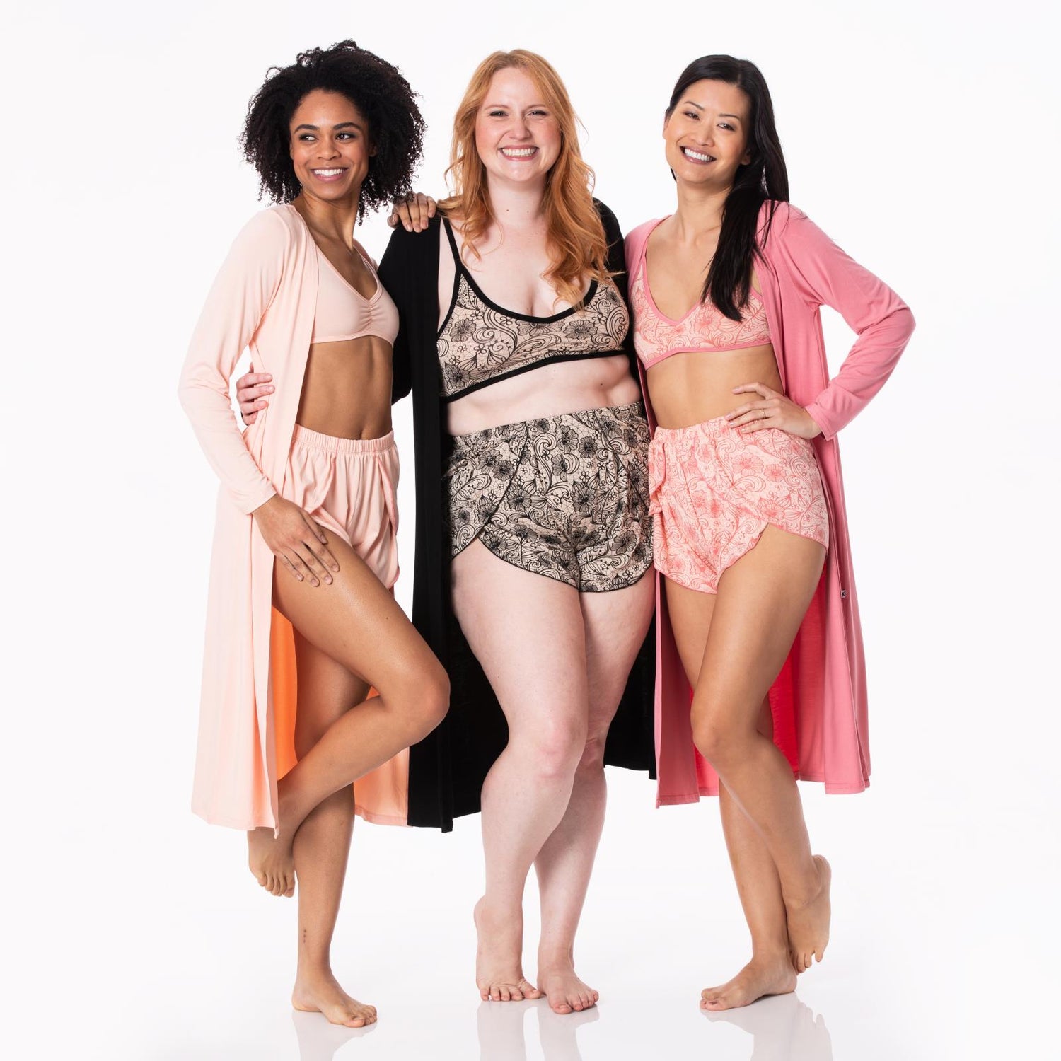 Women's Sleeping Bra, Tulip Shorts and Duster Robe Set in Peach Blossom