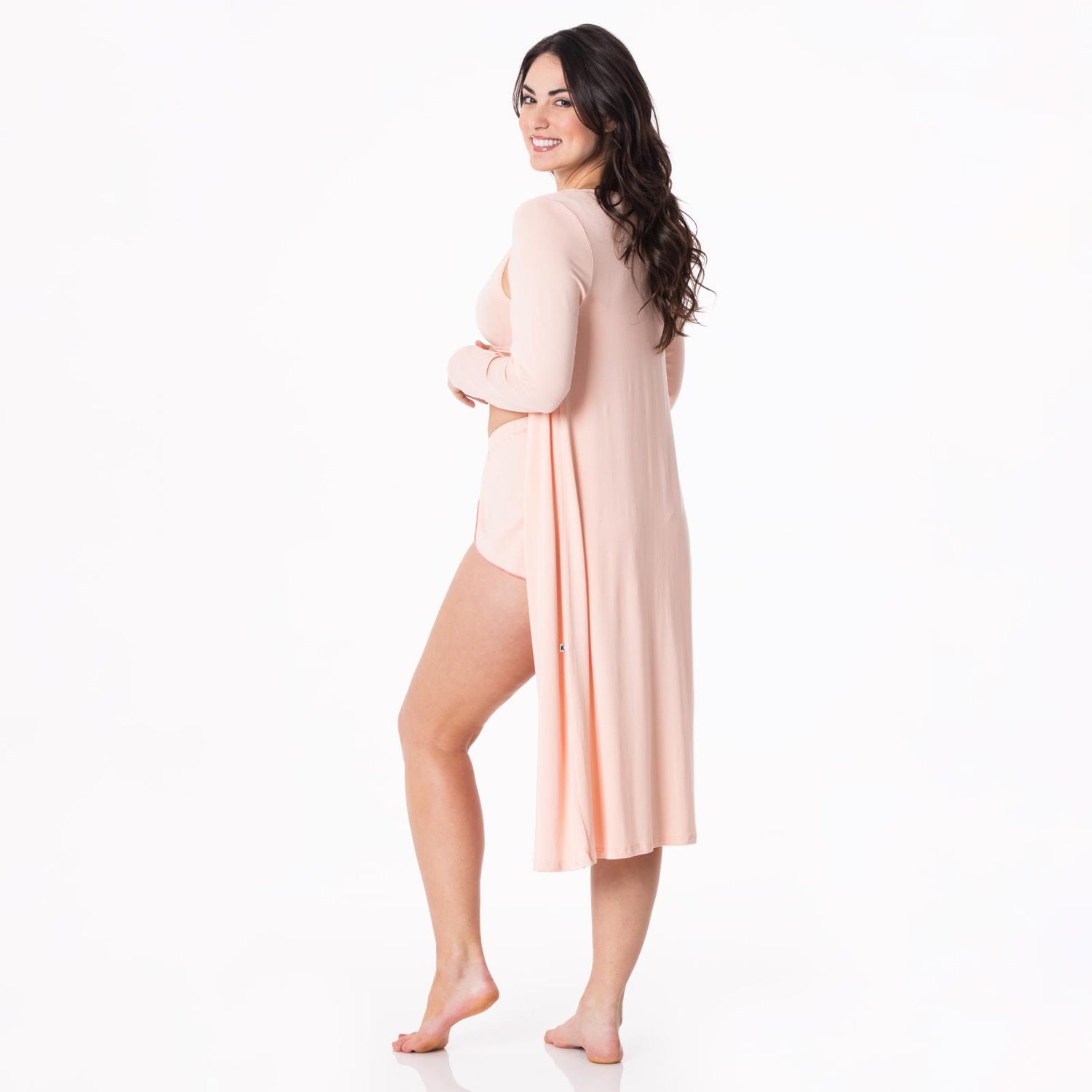 Women's Sleeping Bra, Tulip Shorts and Duster Robe Set in Peach Blossom
