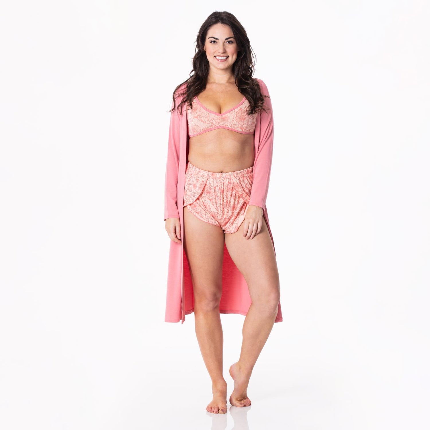 Women's Print Sleeping Bra, Tulip Shorts and Duster Robe Set in Peach Blossom Lace