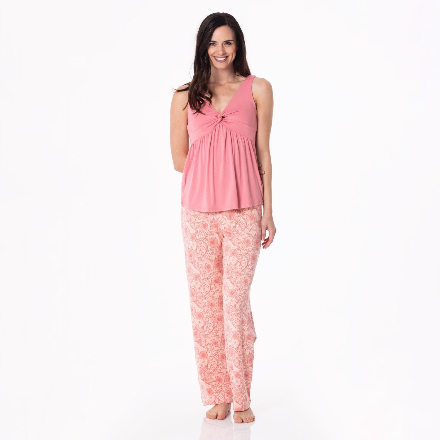 Women's Print Twist Tank and Pajama Pants Set in Peach Blossom Lace