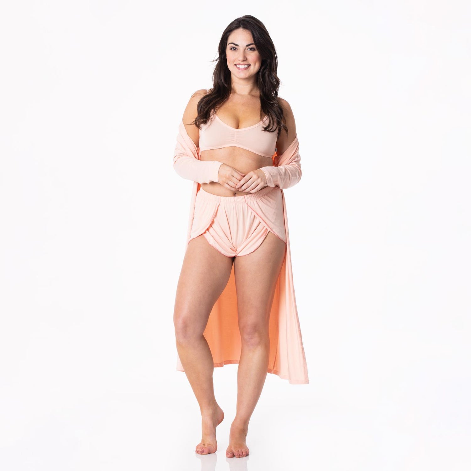 Women's Sleeping Bra, Tulip Shorts and Duster Robe Set in Peach Blossom