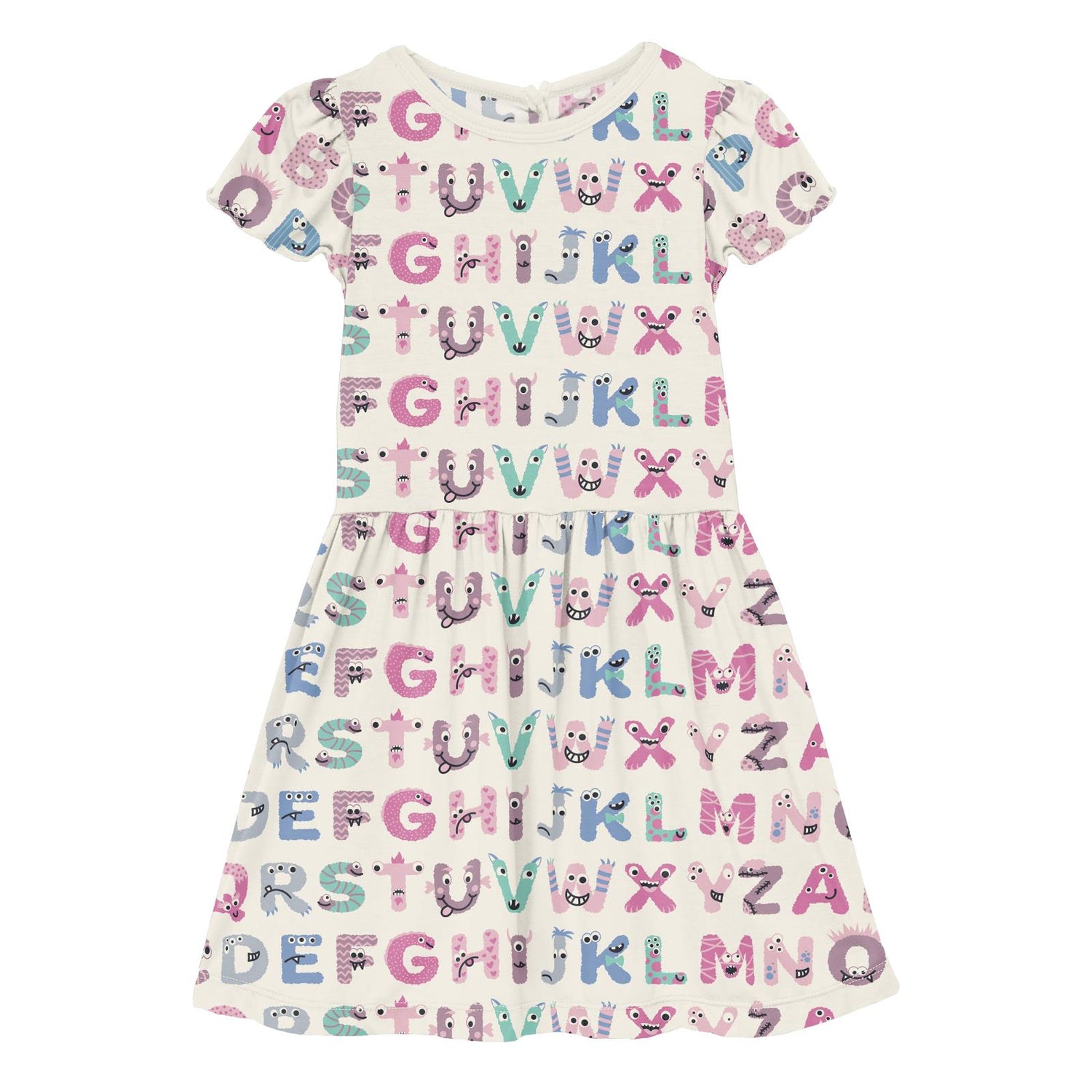Print Flutter Sleeve Twirl Dress with Pockets in Natural ABC Monsters