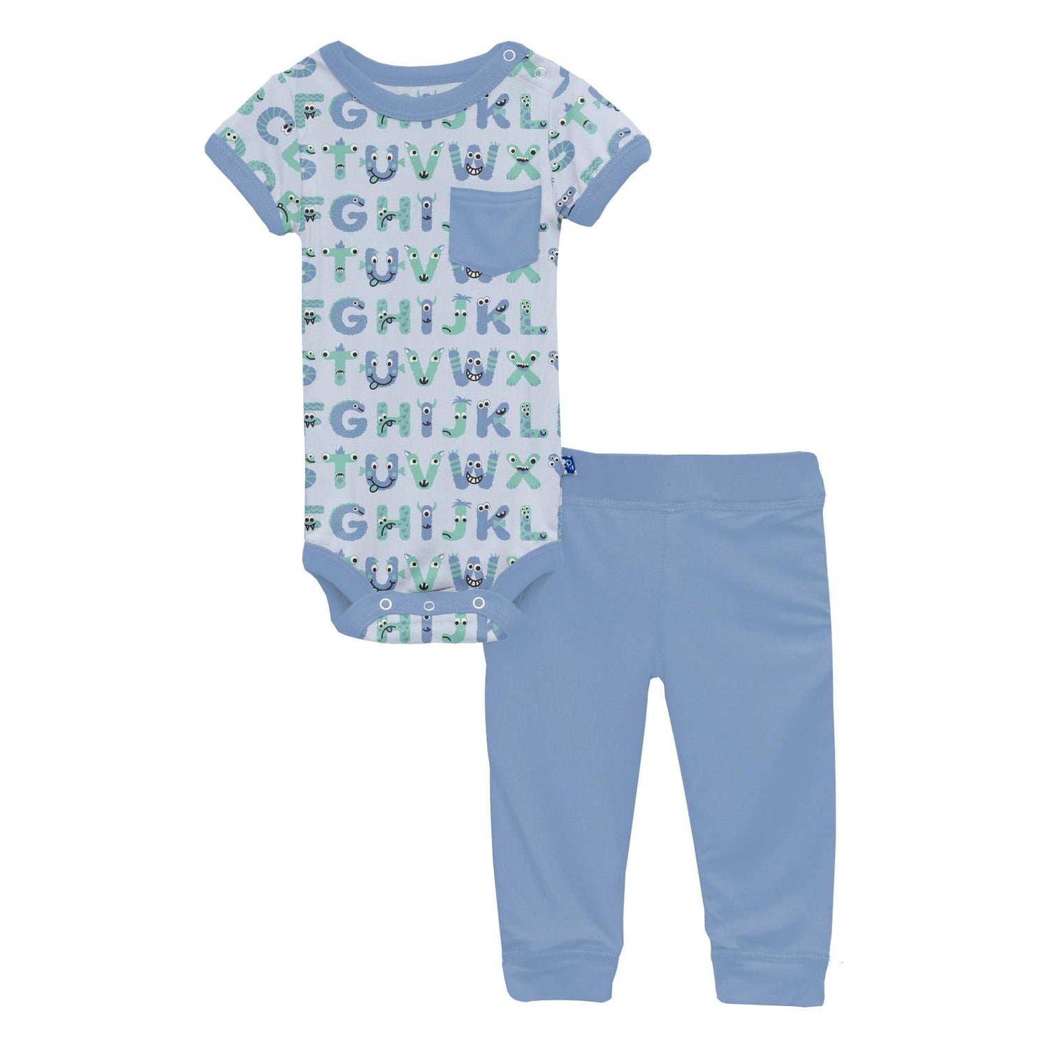 Print Short Sleeve Pocket One Piece & Pants Outfit Set in Dew ABC Monsters