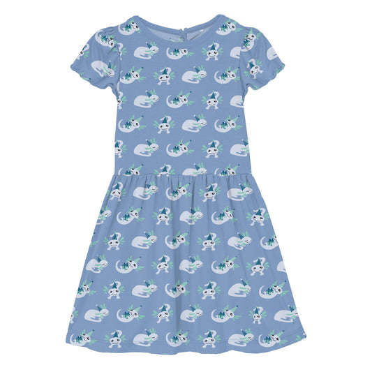 Print Flutter Sleeve Twirl Dress with Pockets in Dream Blue Axolotl Party