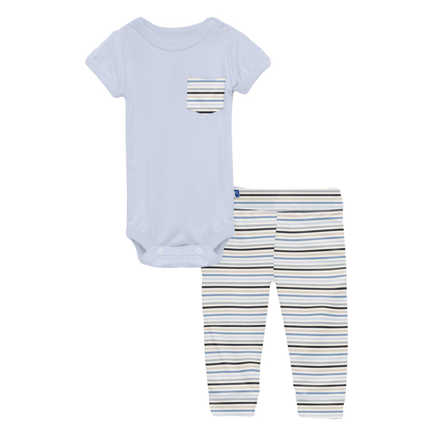 Print Short Sleeve Pocket One Piece & Pants Outfit Set in Rhyme Stripe