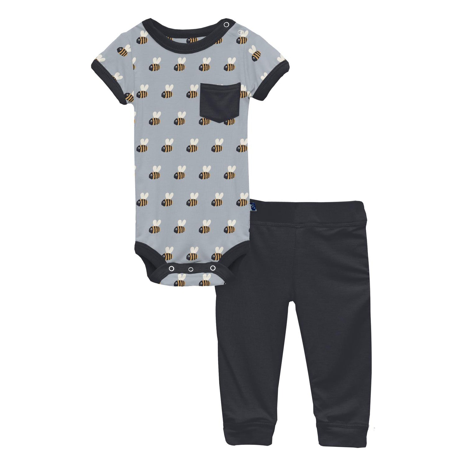 Print Short Sleeve Pocket One Piece & Pants Outfit Set in Pearl Blue Baby Bumblebee