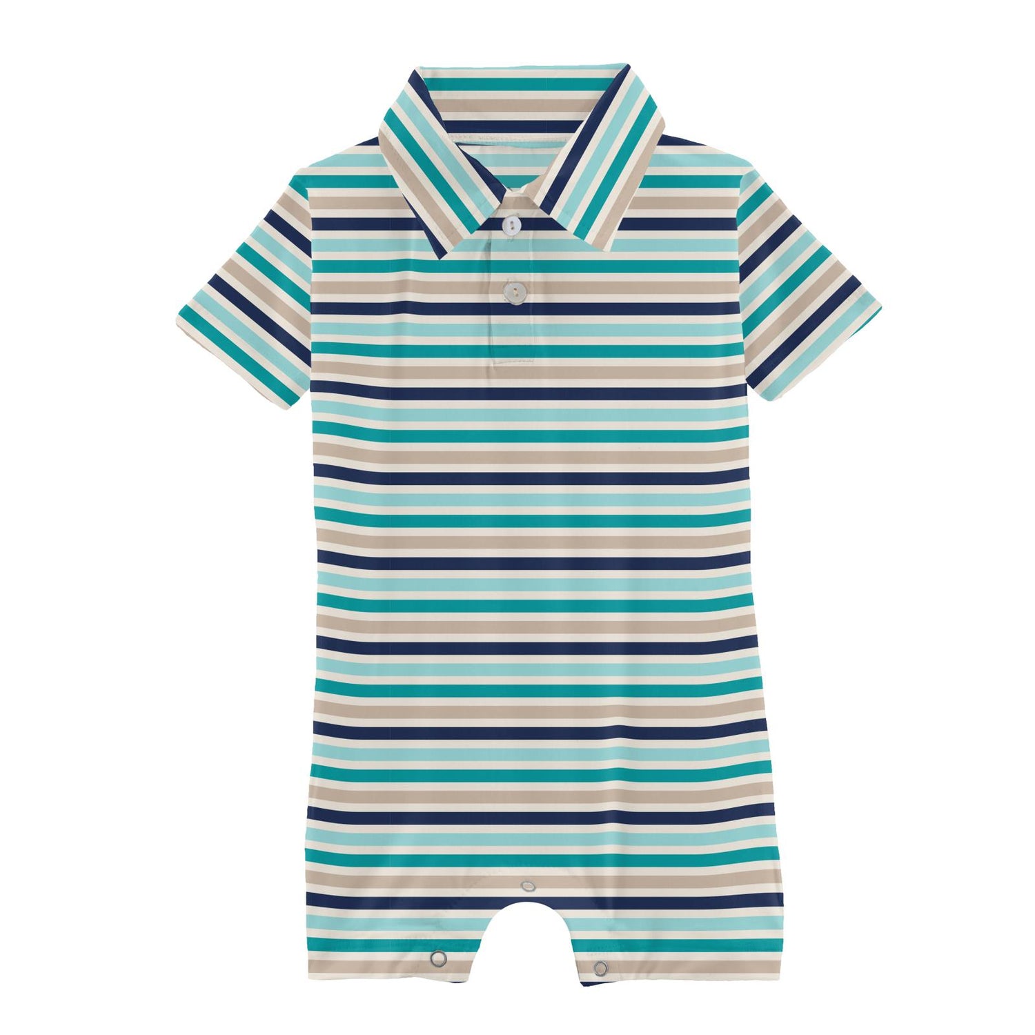 Print Short Sleeve Polo Romper in Sand and Sea Stripe