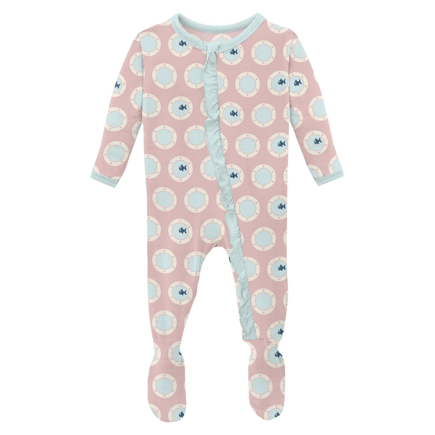 Print Classic Ruffle Footie with Zipper in Baby Rose Porthole