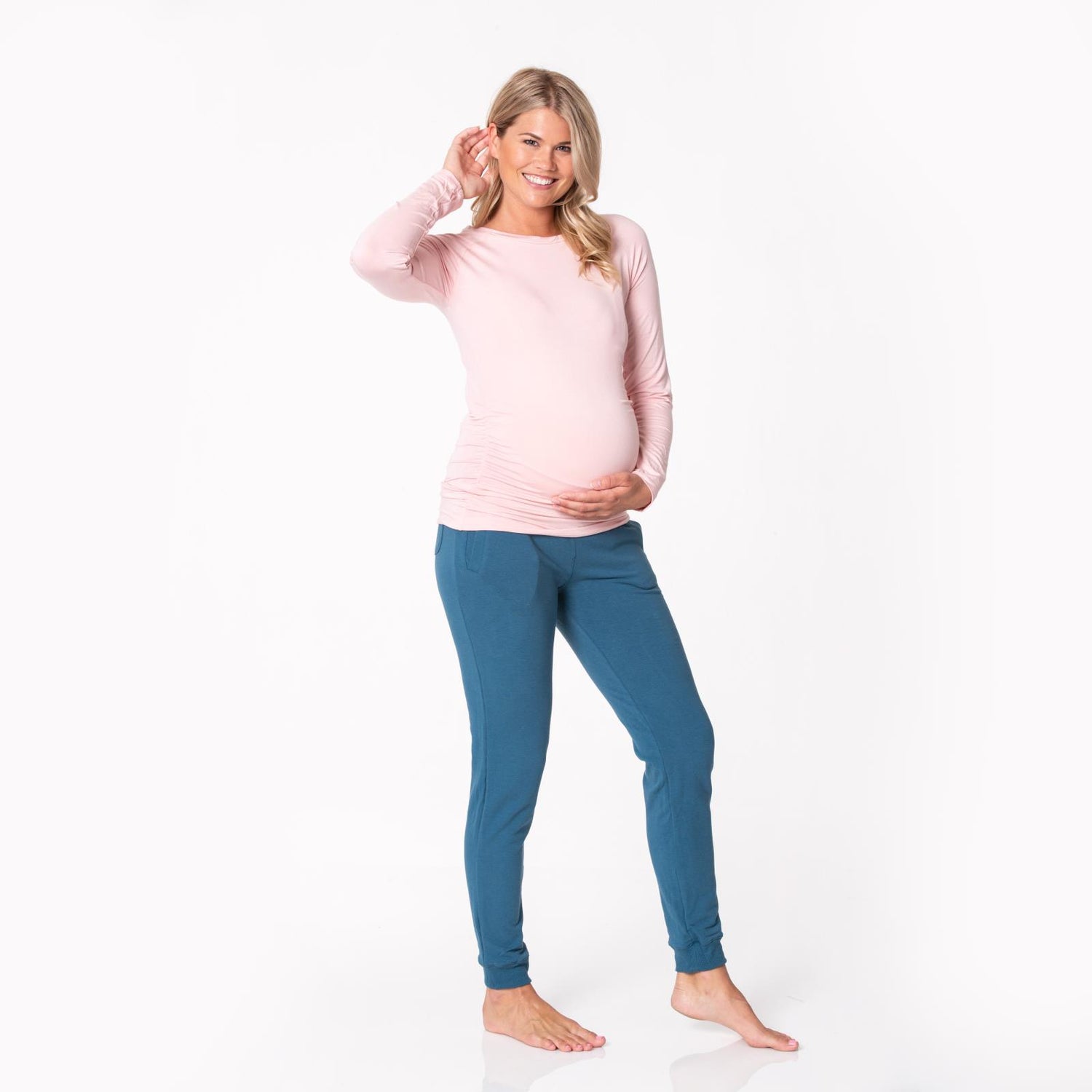 Women's Long Sleeve Raglan Maternity Tee in Baby Rose
