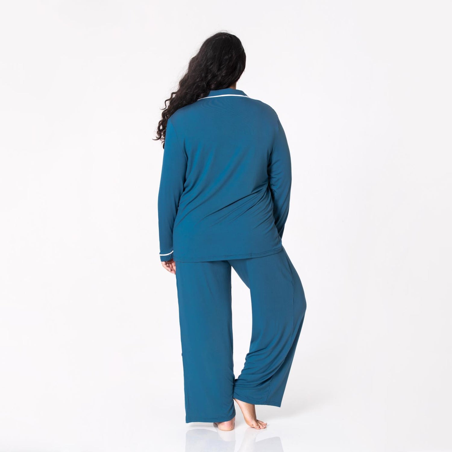 Women's Long Sleeved Collared Pajama Set in Deep Sea with Natural