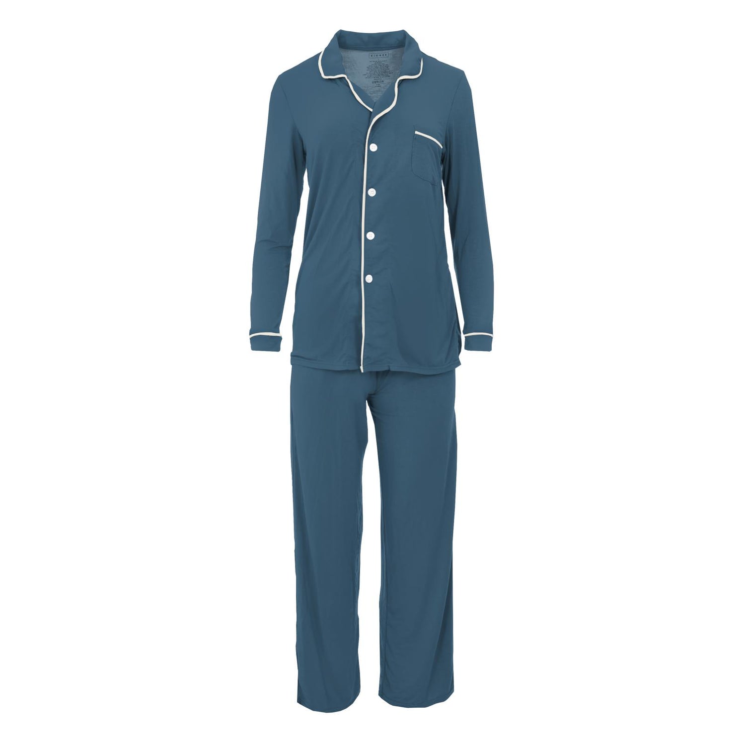 Women's Long Sleeved Collared Pajama Set in Deep Sea with Natural