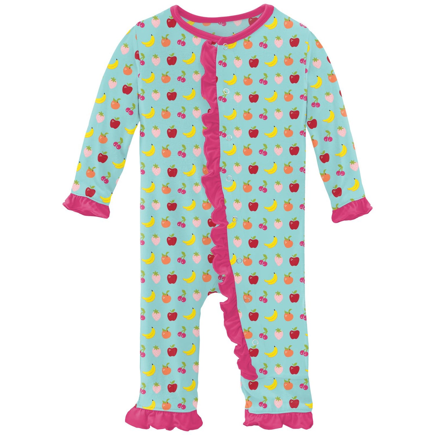 Print Classic Ruffle Coverall with Snaps in Summer Sky Mini Fruit