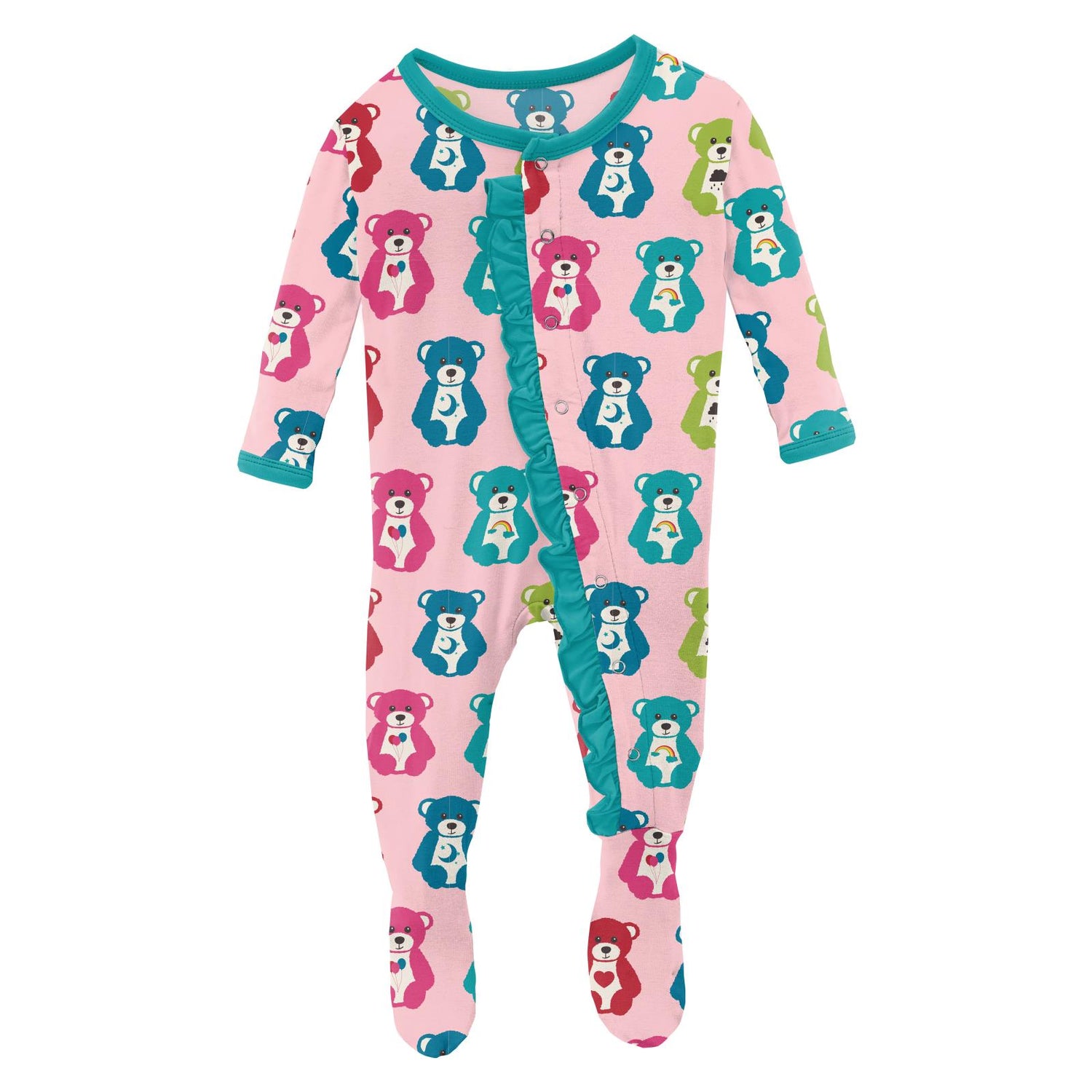Print Classic Ruffle Footie with Snaps in Lotus Happy Teddy