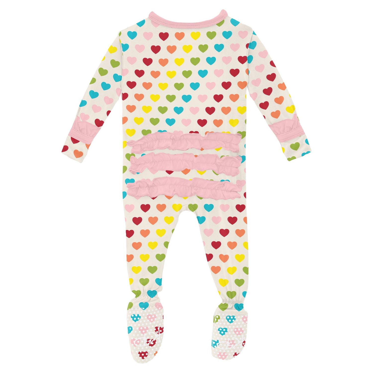 Print Classic Ruffle Footie with Snaps in Rainbow Hearts