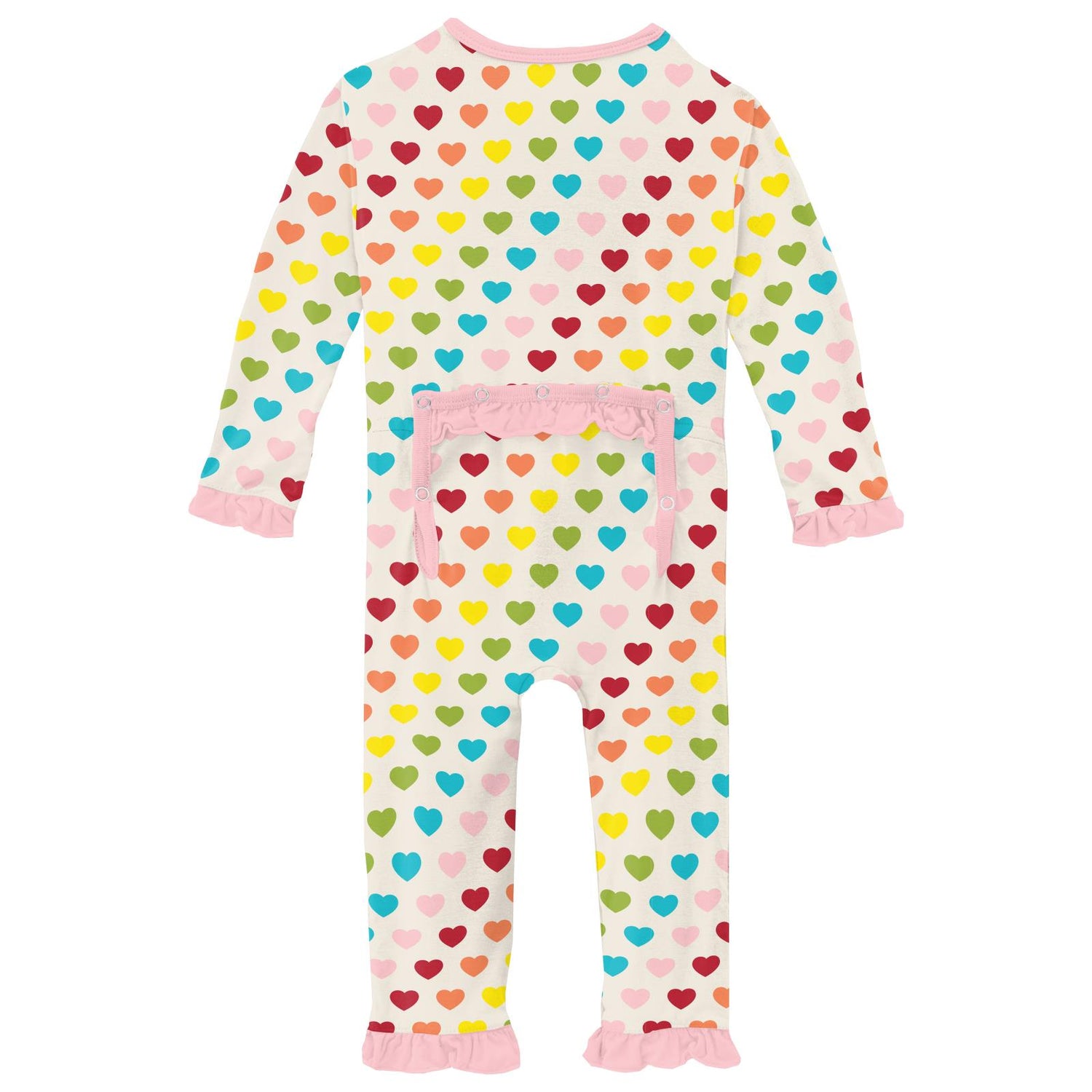 Print Classic Ruffle Coverall with Snaps in Rainbow Hearts