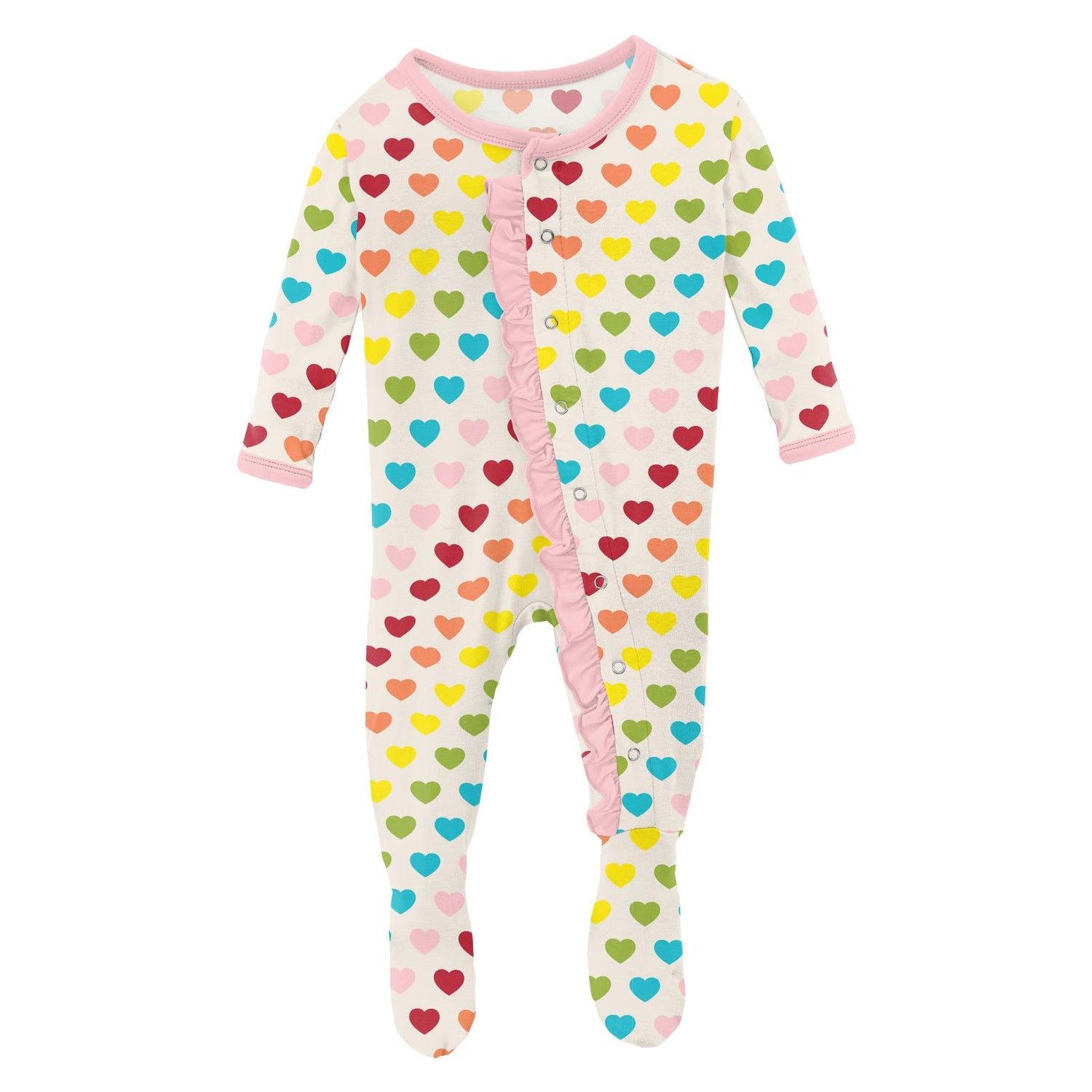 Print Classic Ruffle Footie with Snaps in Rainbow Hearts
