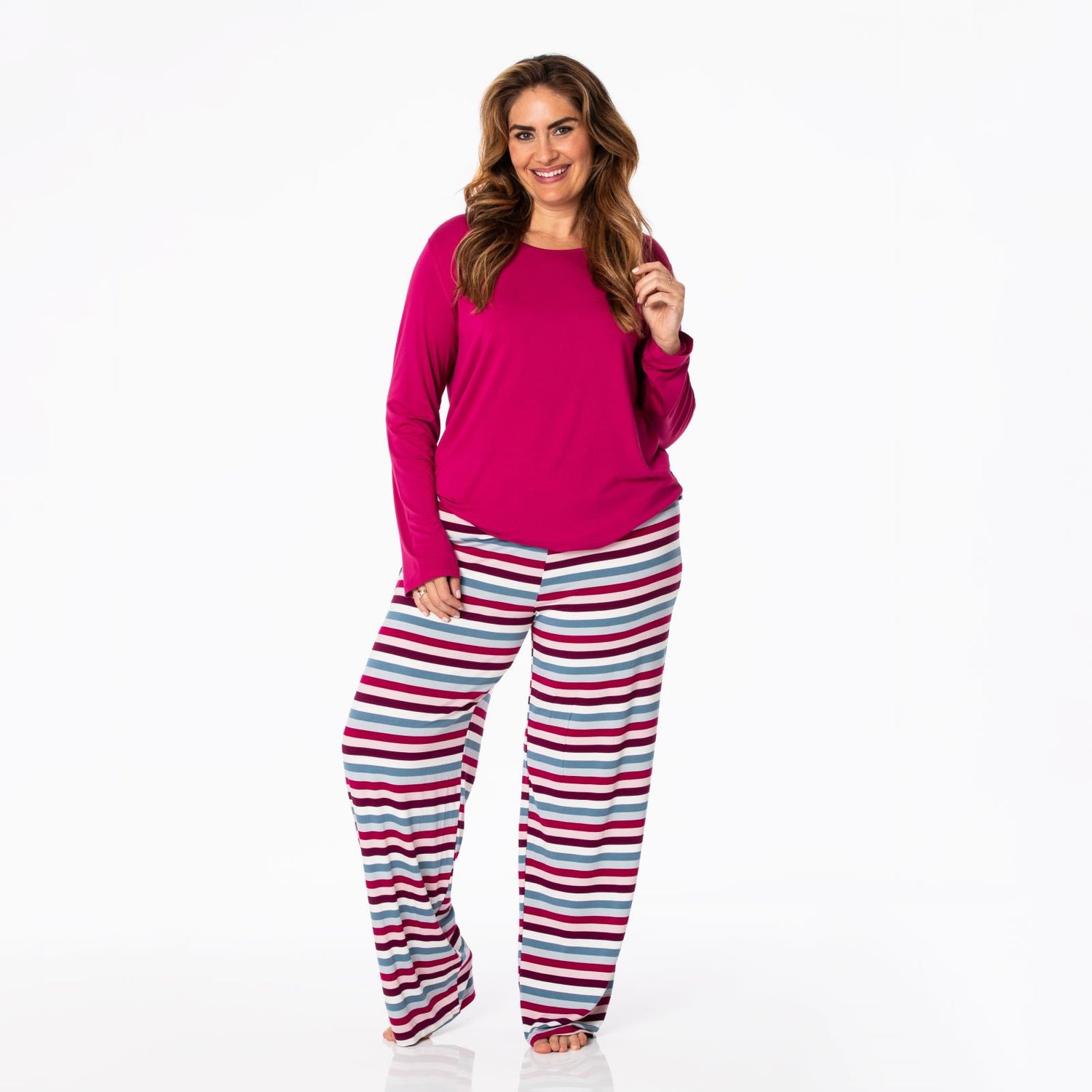 Women's Print Long Sleeve Loosey Goosey Tee & Pajama Pants Set in Jingle Bell Stripe