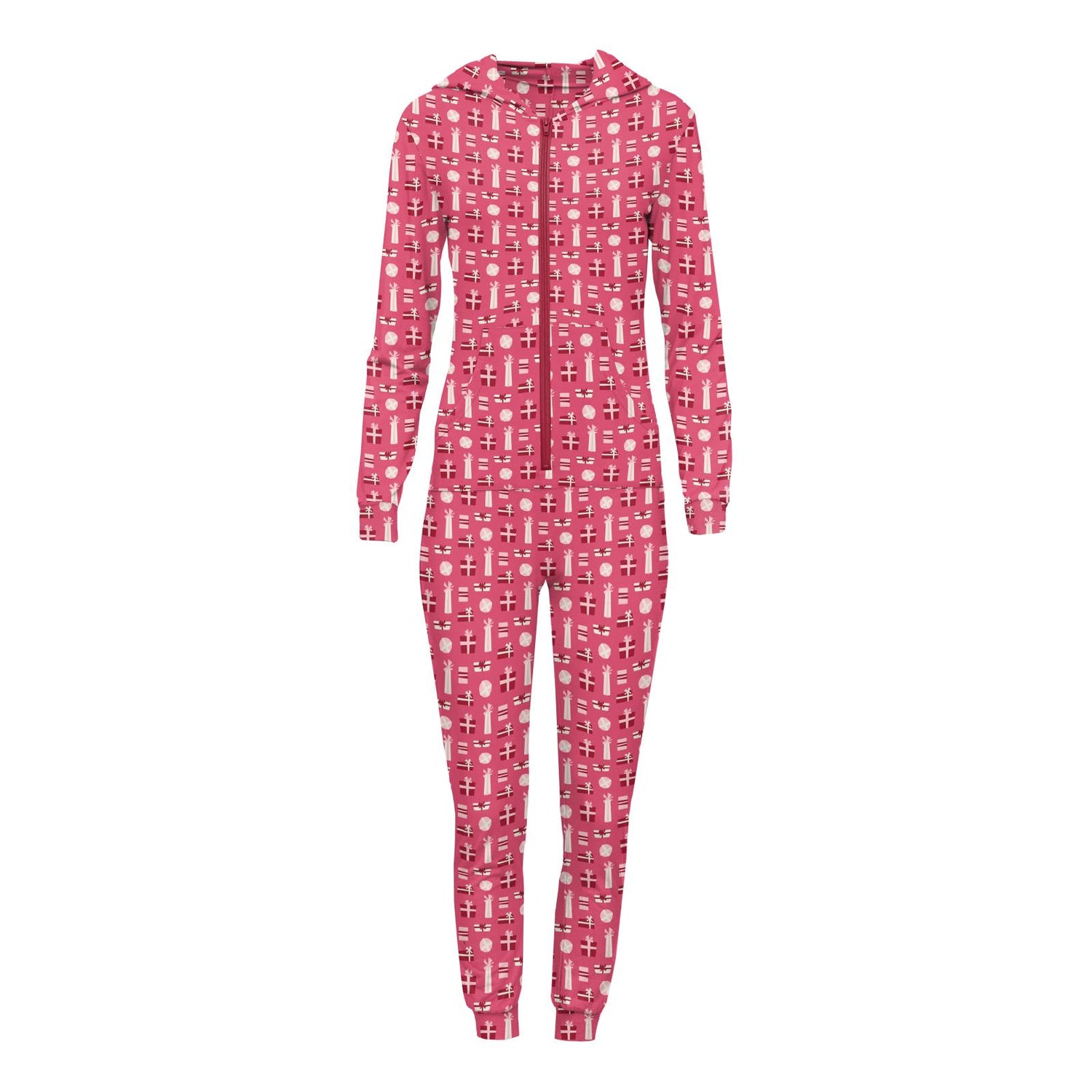 Women's Print Long Sleeve Jumpsuit with Hood in Winter Rose Presents