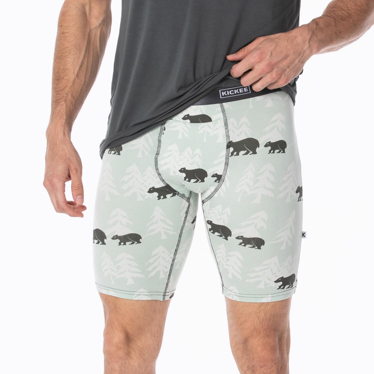 Men's Print Long Boxer Brief with Top Fly in Aloe Bears and Trees