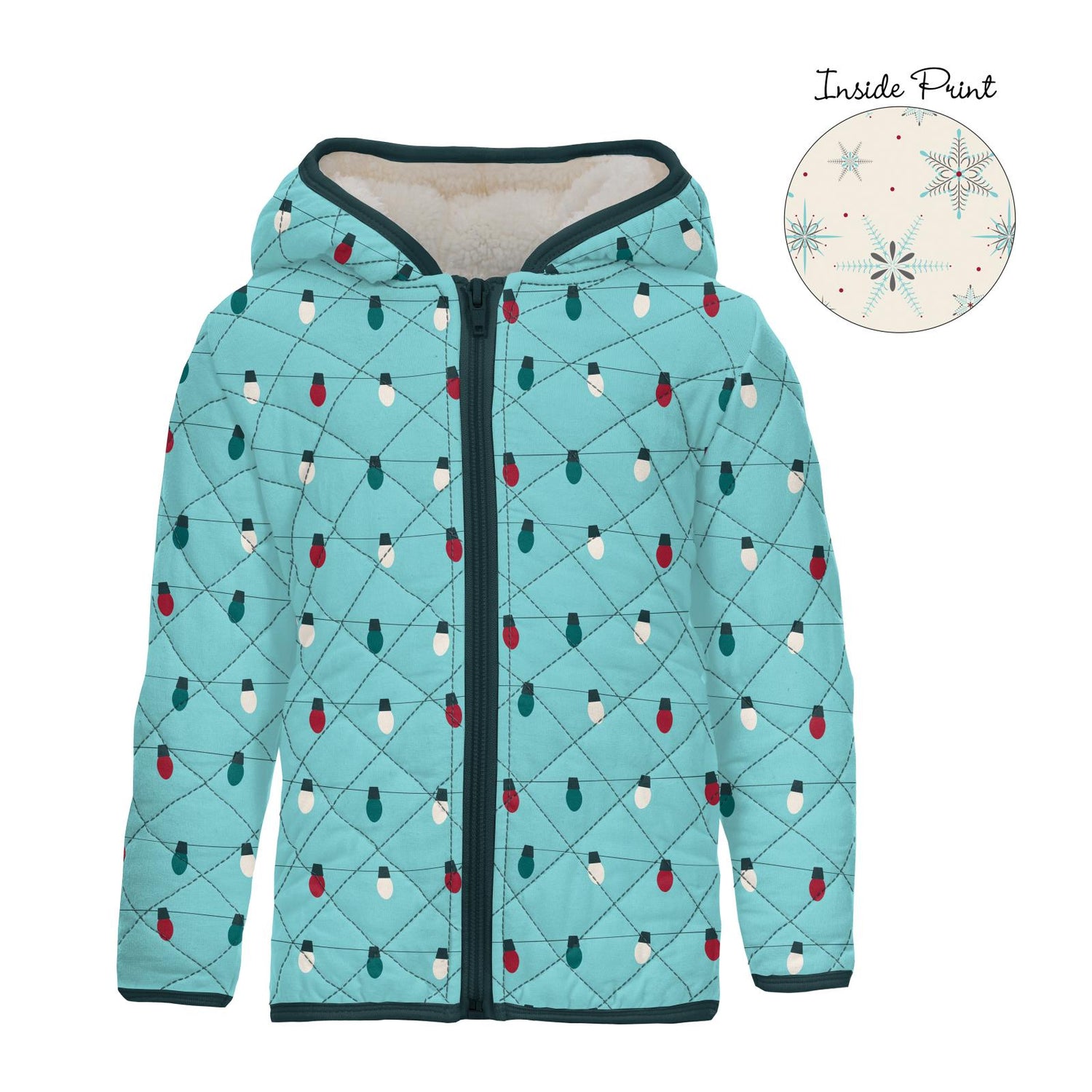 Print Quilted Jacket with Sherpa-Lined Hood in Iceberg Holiday Lights/Natural Snowflakes