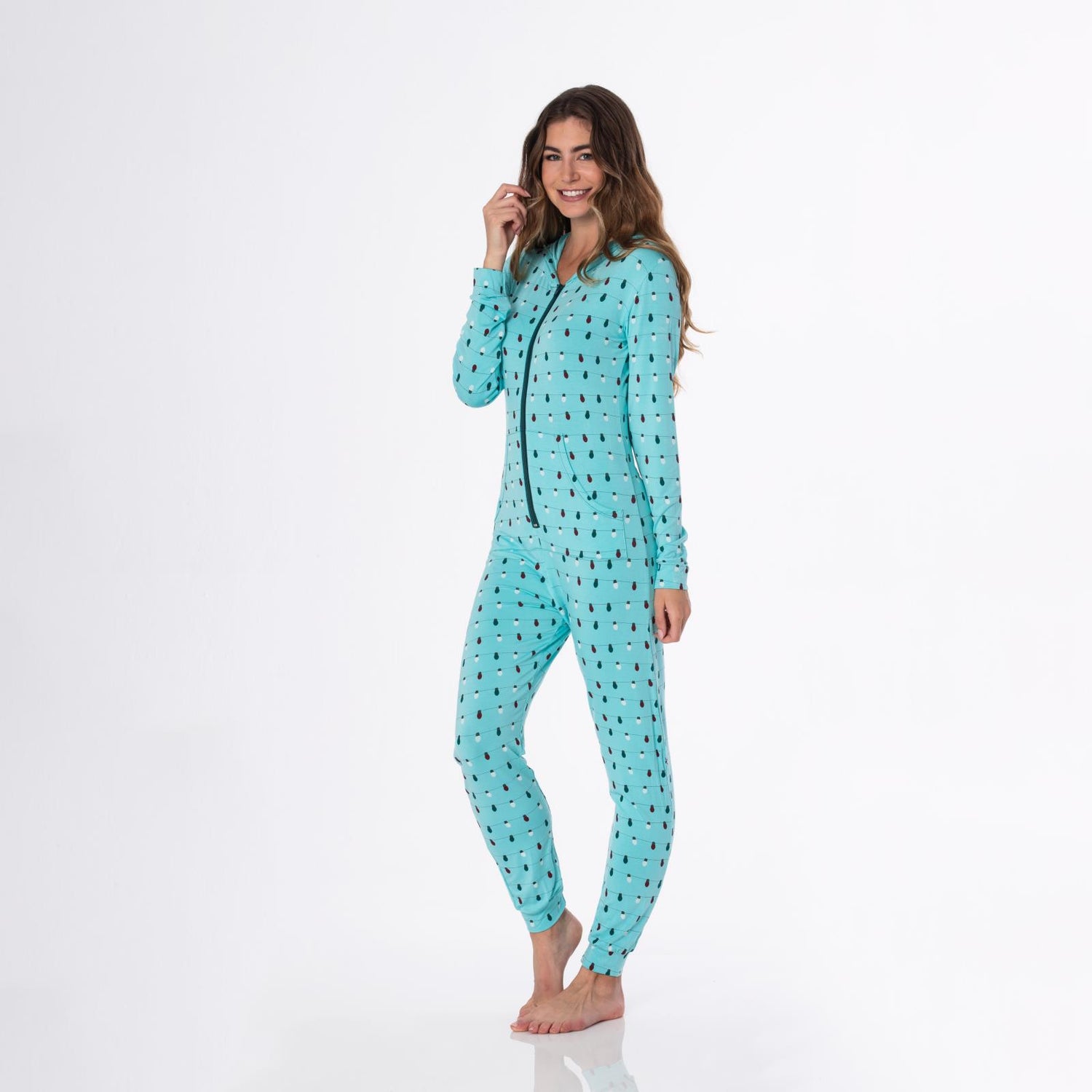 Women's Print Long Sleeve Jumpsuit with Hood in Iceberg Holiday Lights
