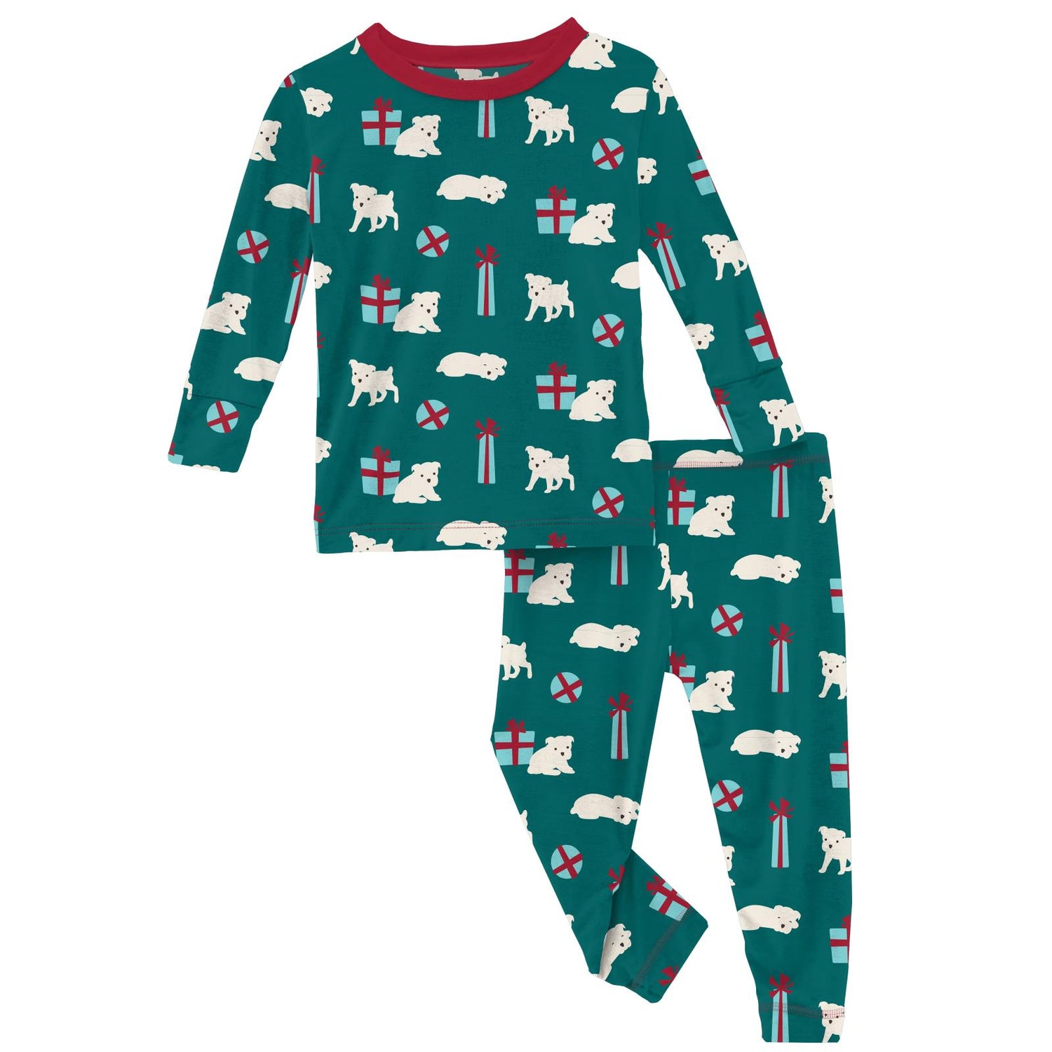 Print Long Sleeve Pajama Set in Cedar Puppies and Presents