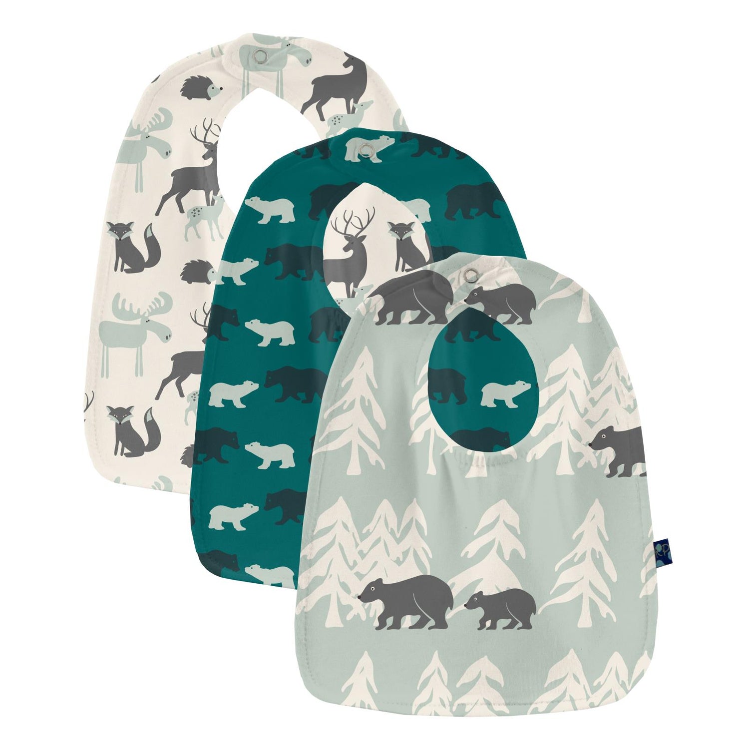 Print Bib Set of 3 in Natural Forest Animals, Cedar Brown Bear & Aloe Bears and Trees