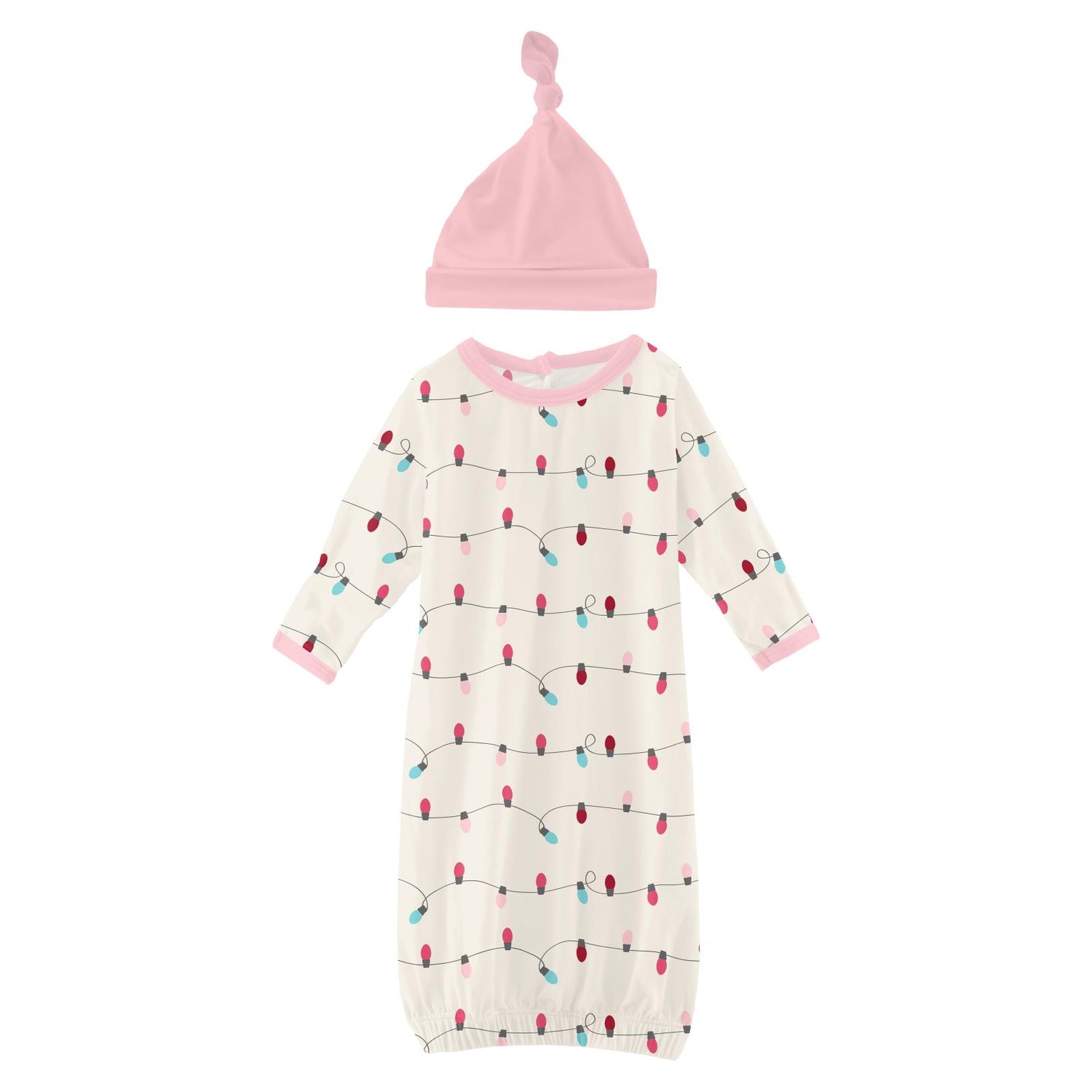 Print Layette Gown & Single Knot Hat Set in Natural Holiday Lights