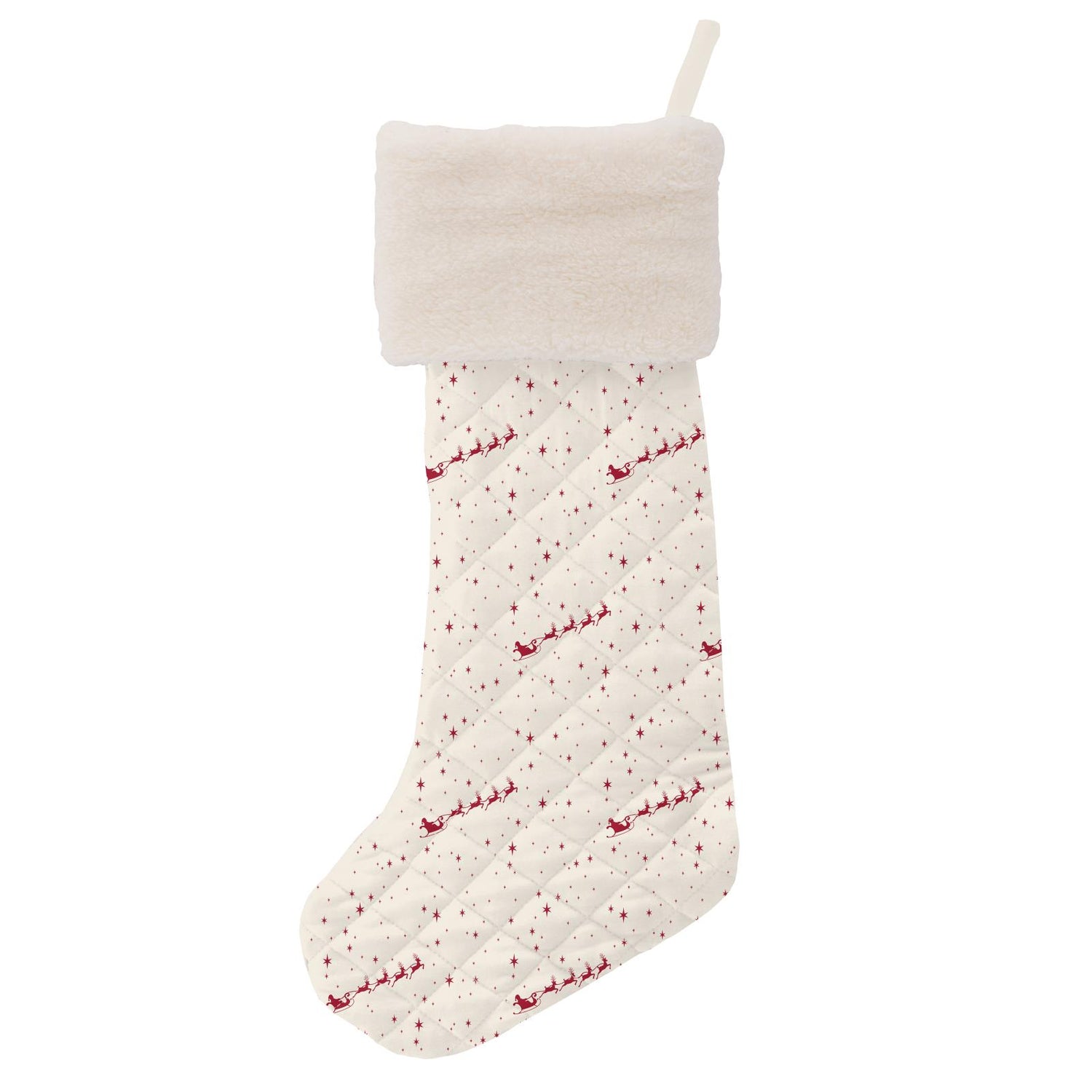 Quilted Stocking in Natural Flying Santa/Crimson Candy Cane Stripe