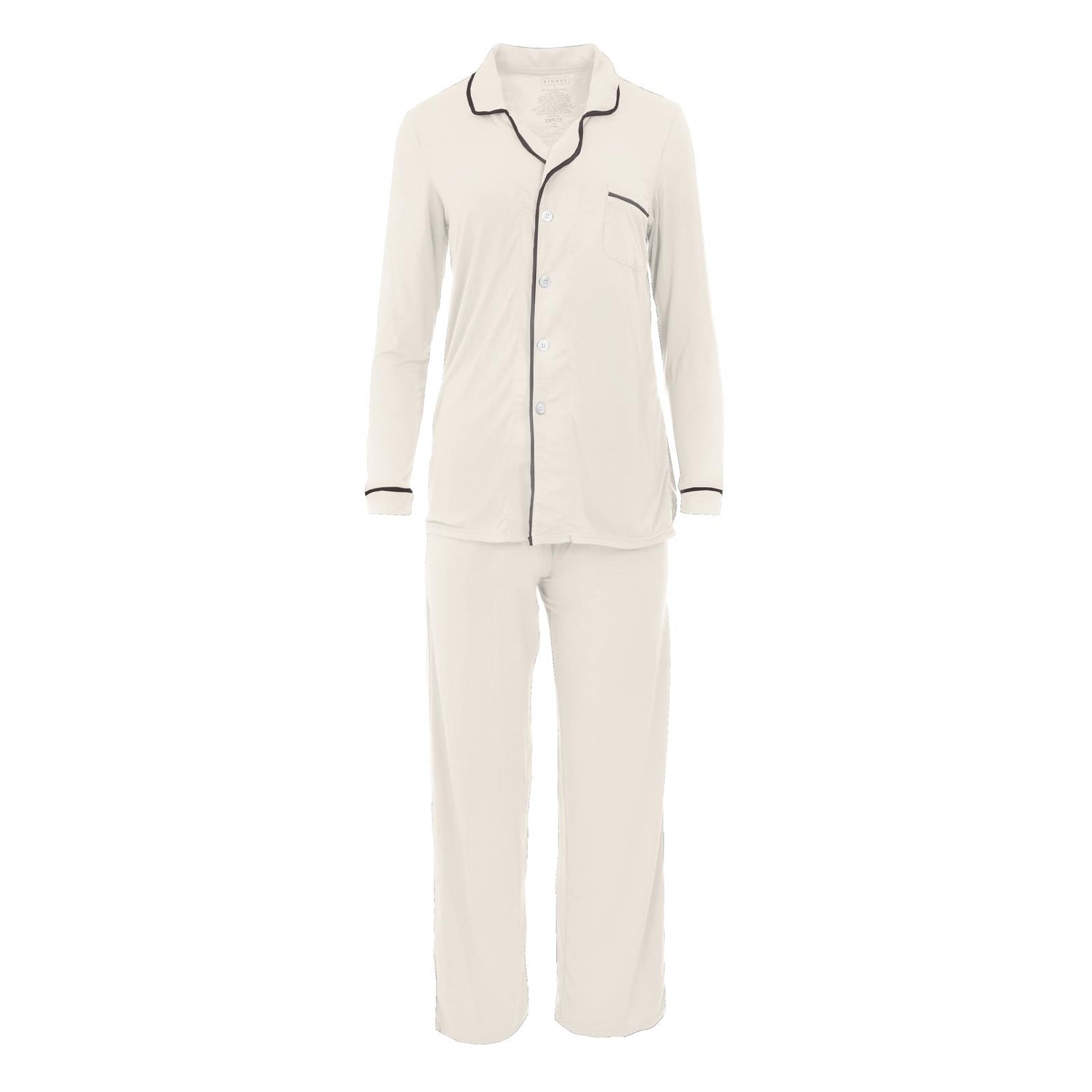 Women's Long Sleeved Collared Pajama Set in Natural with Midnight