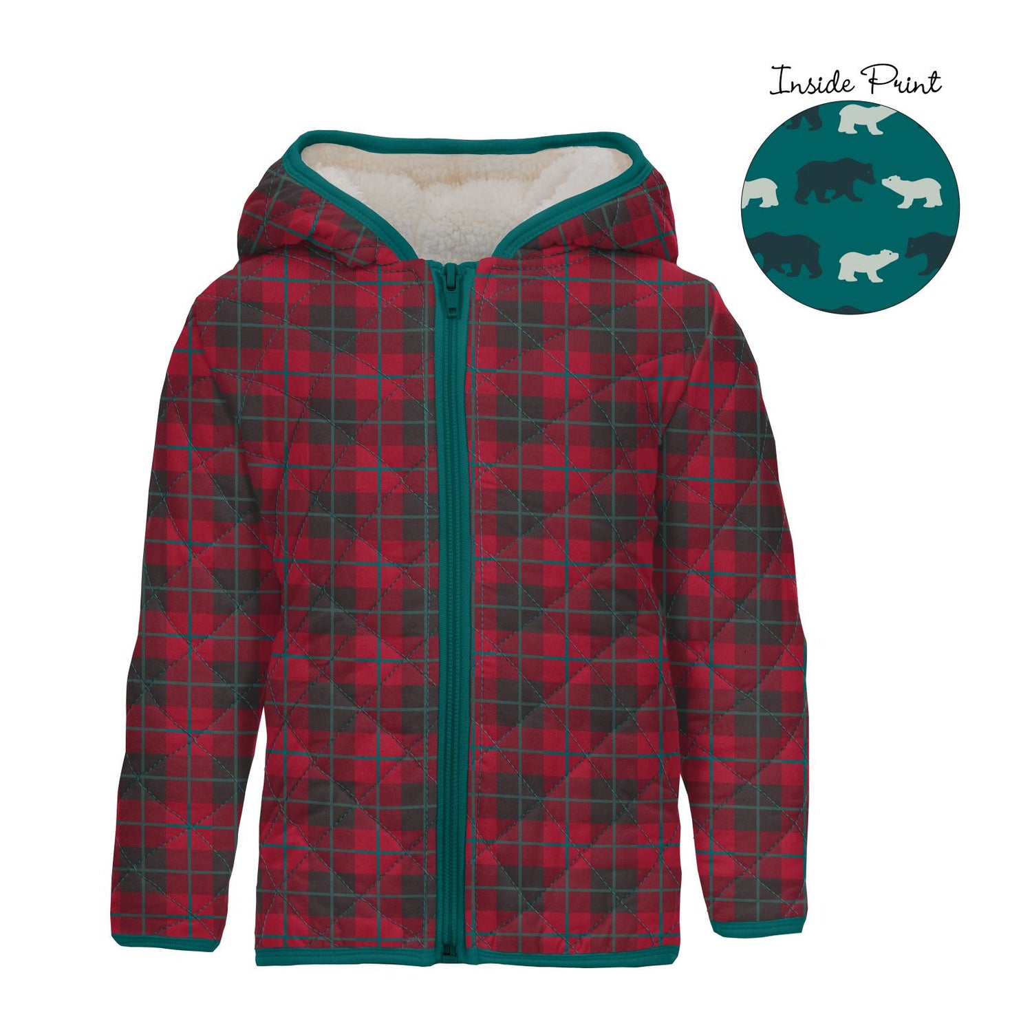 Print Quilted Jacket with Sherpa-Lined Hood in Anniversary Plaid/Cedar Brown Bear