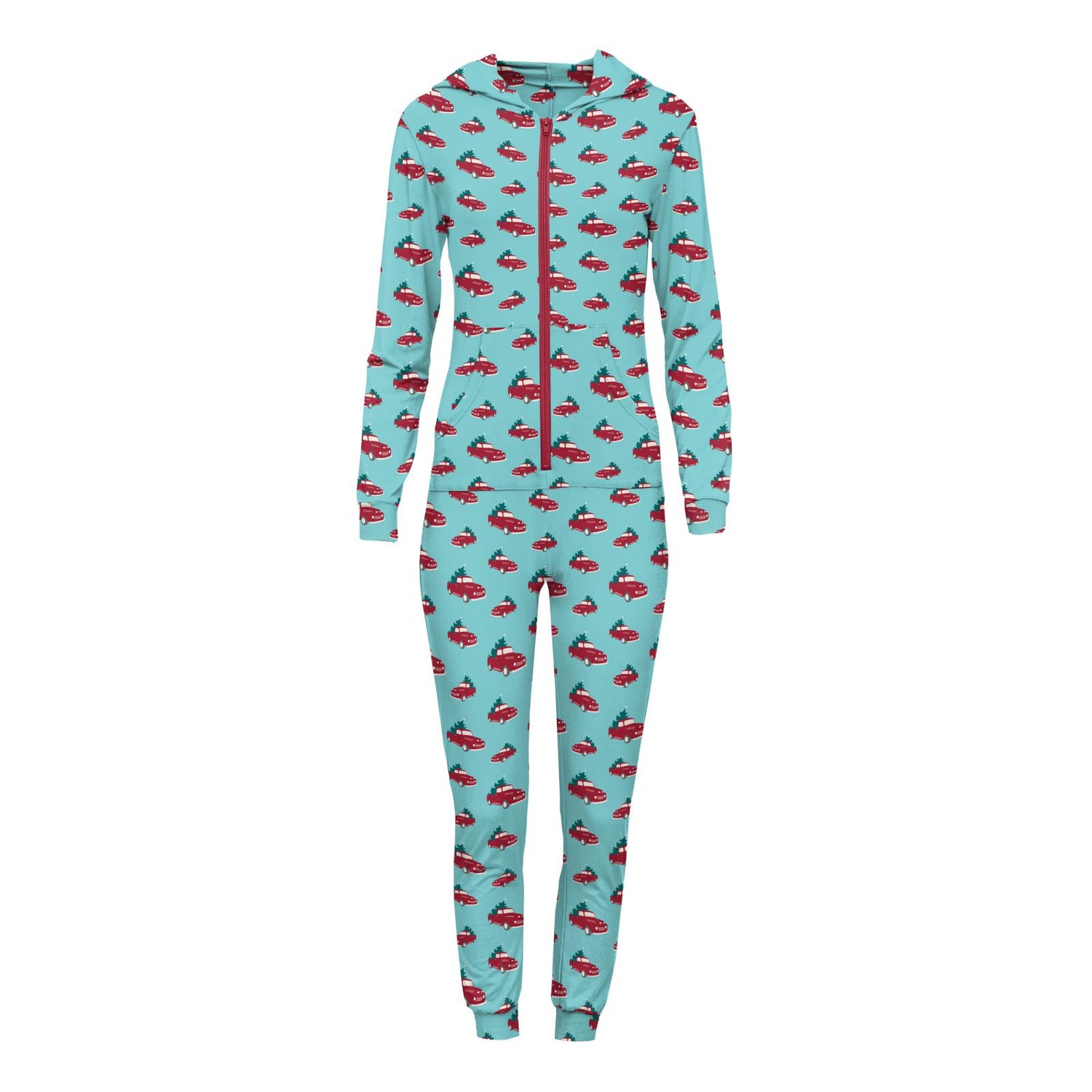 Women's Print Long Sleeve Jumpsuit with Hood in Iceberg Trucks and Trees