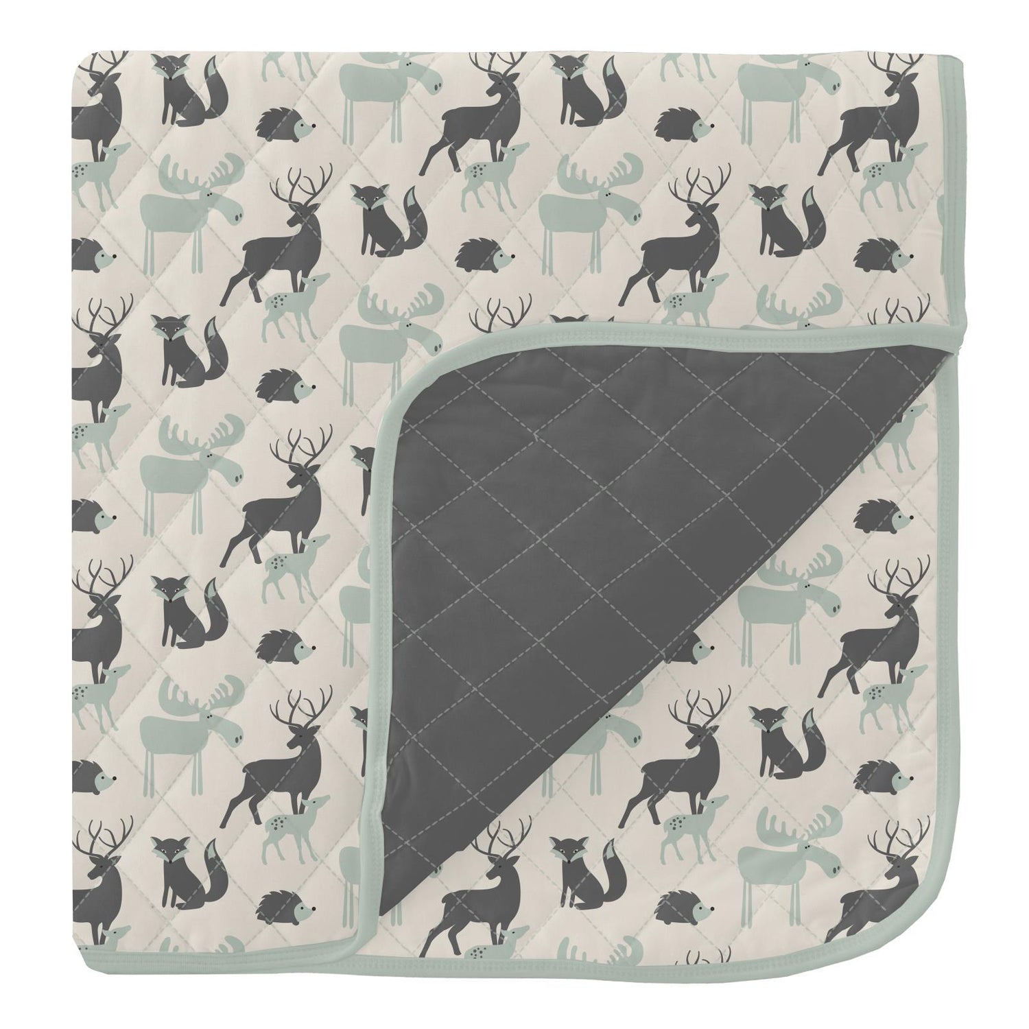 Print Quilted Toddler Blanket in Natural Forest Animals/Pewter