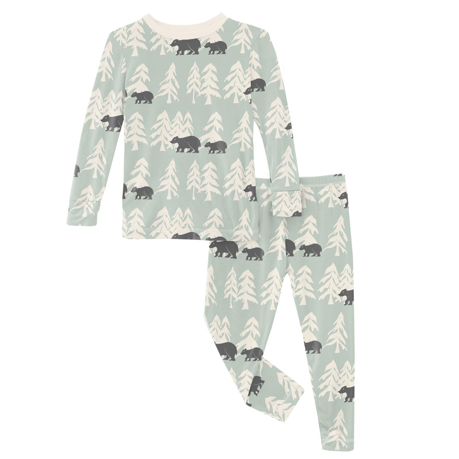 Print Long Sleeve Pajama Set in Aloe Bears and Trees