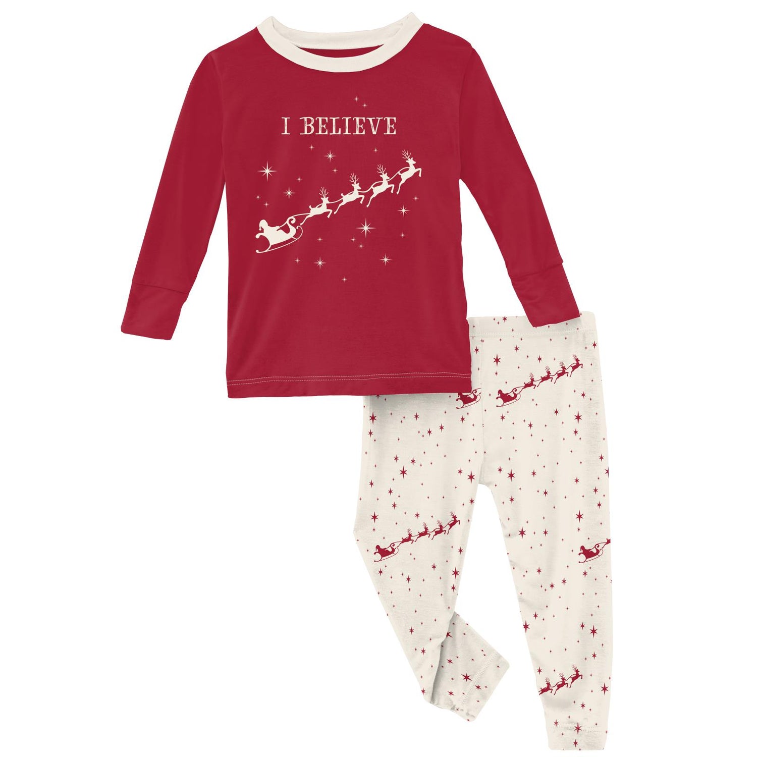 Long Sleeve Graphic Tee Pajama Set in Natural Flying Santa