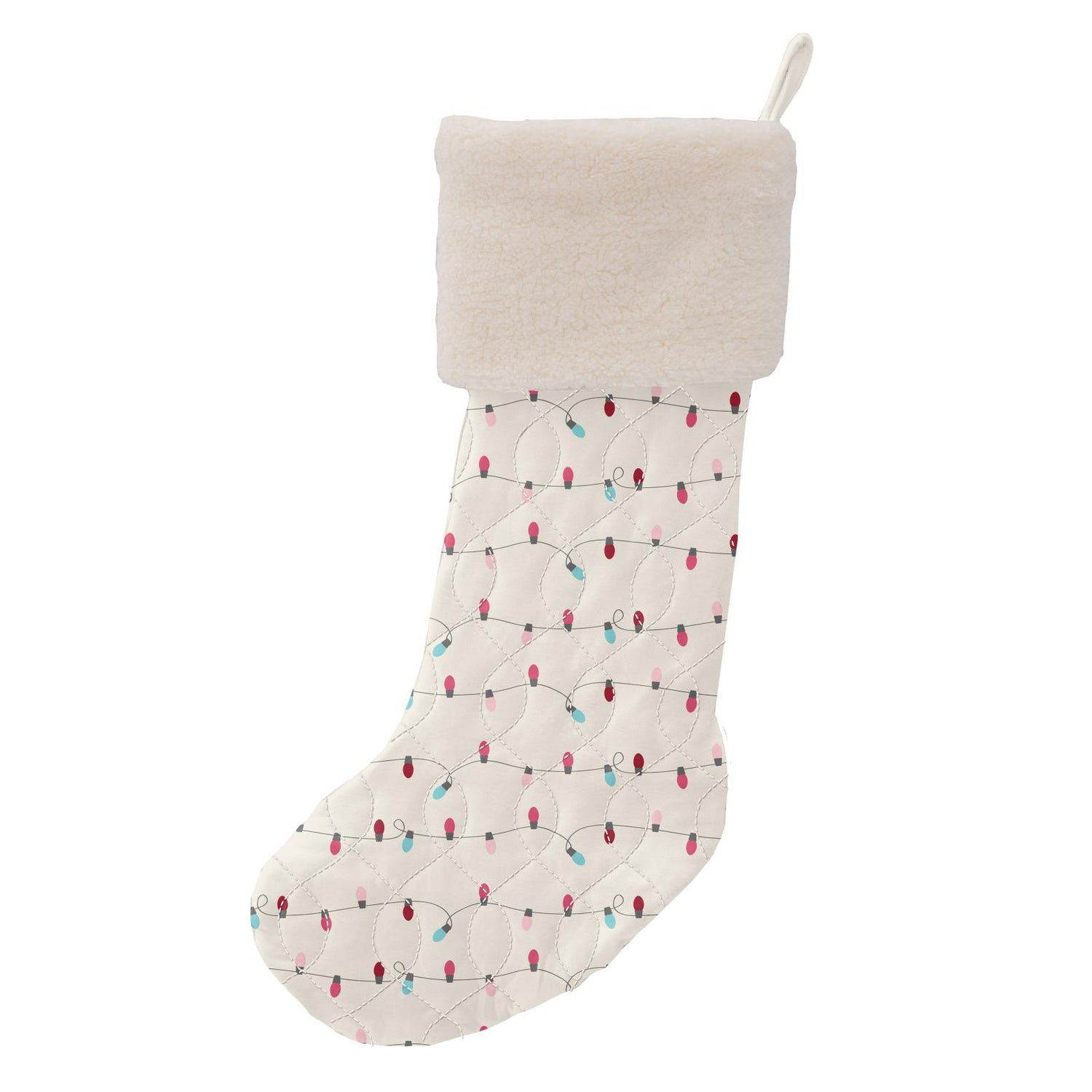 Quilted Stocking in Natural Holiday Lights/Winter Rose Penguins