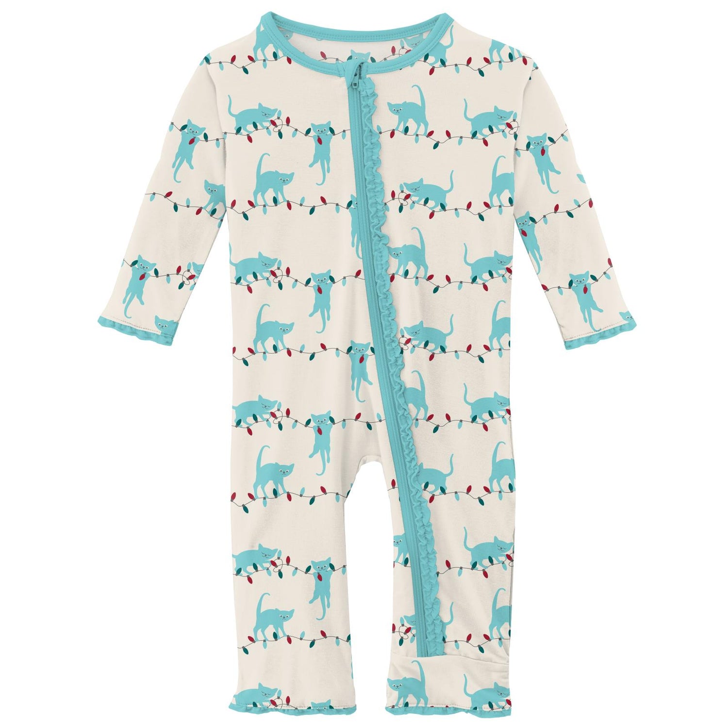 Print Muffin Ruffle Coverall with Zipper in Natural Tangled Kittens