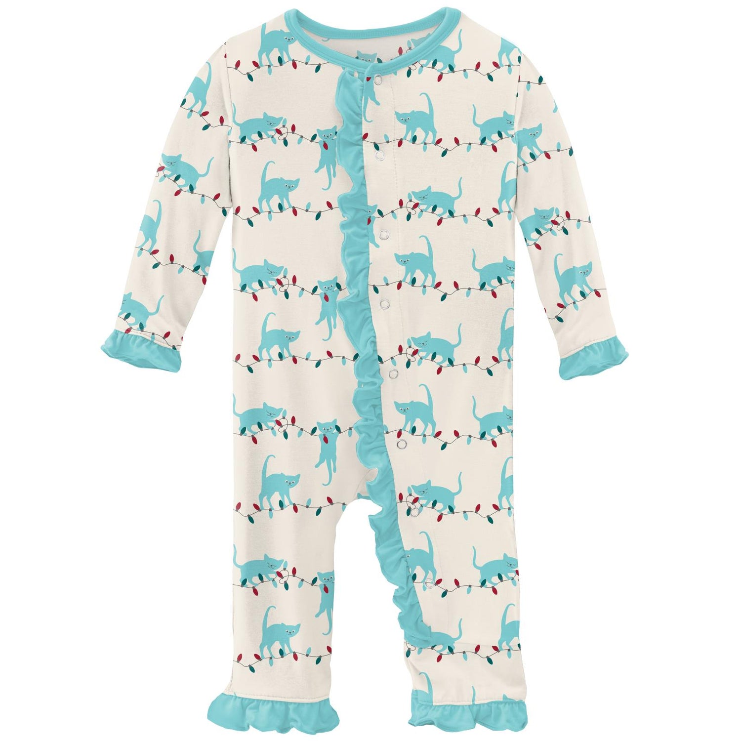Print Classic Ruffle Coverall with Snaps in Natural Tangled Kittens