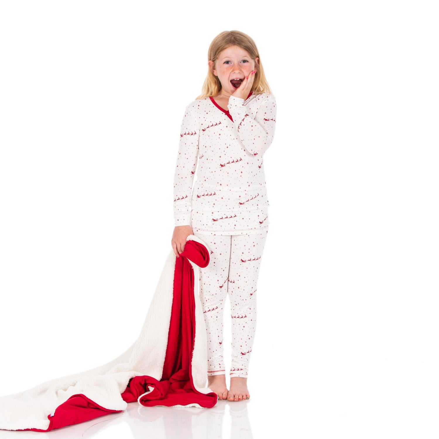 Print Long Sleeve Kimono Pajama Set in Natural Flying Santa